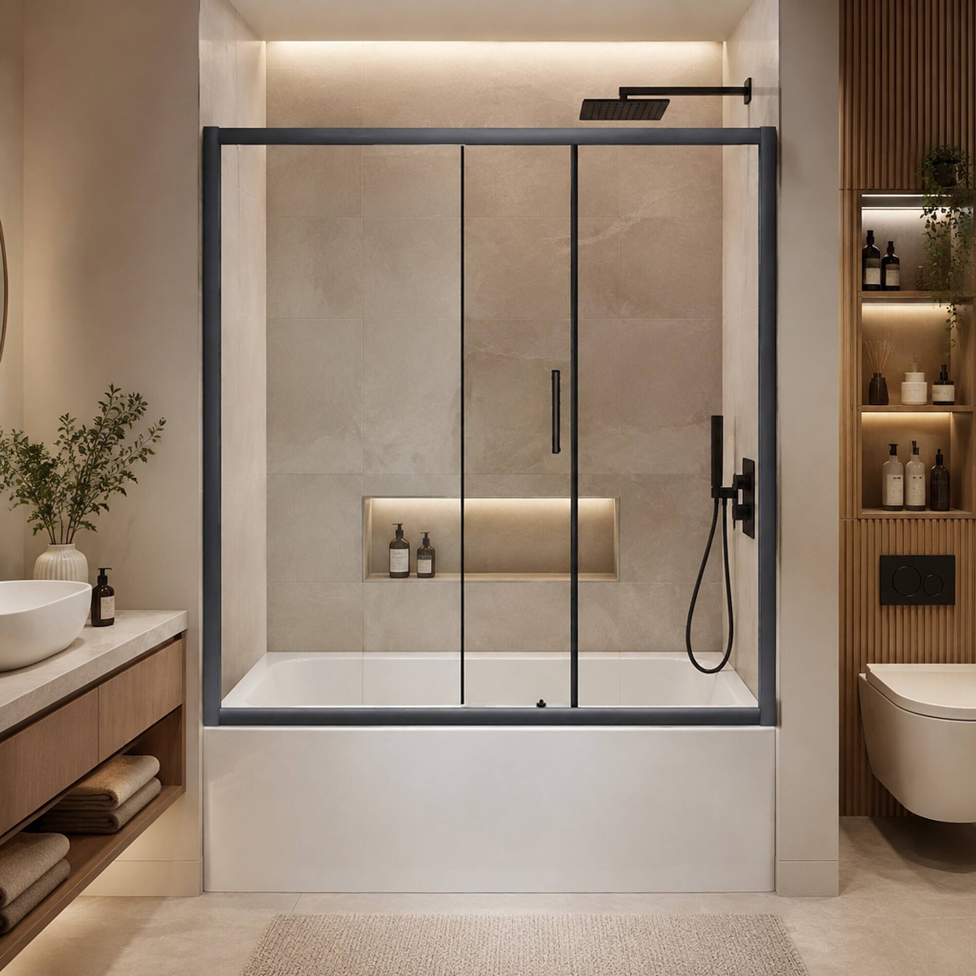 Back. RYHNUYNE - 60 In W X 62 In H Single Sliding Shower Door, 1/5 In Clear Tempered Glass With Stainless Steel Handle Black Finish - Matt Black.