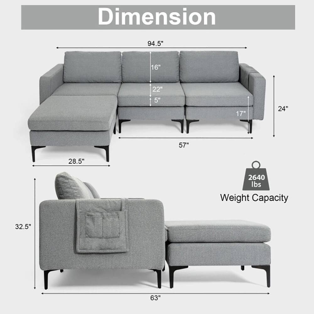 Dimension: 94.5" x 16" x 22" x 5" x 17" x 24" x 57" x 28.5"  
Weight Capacity: 2640 lbs