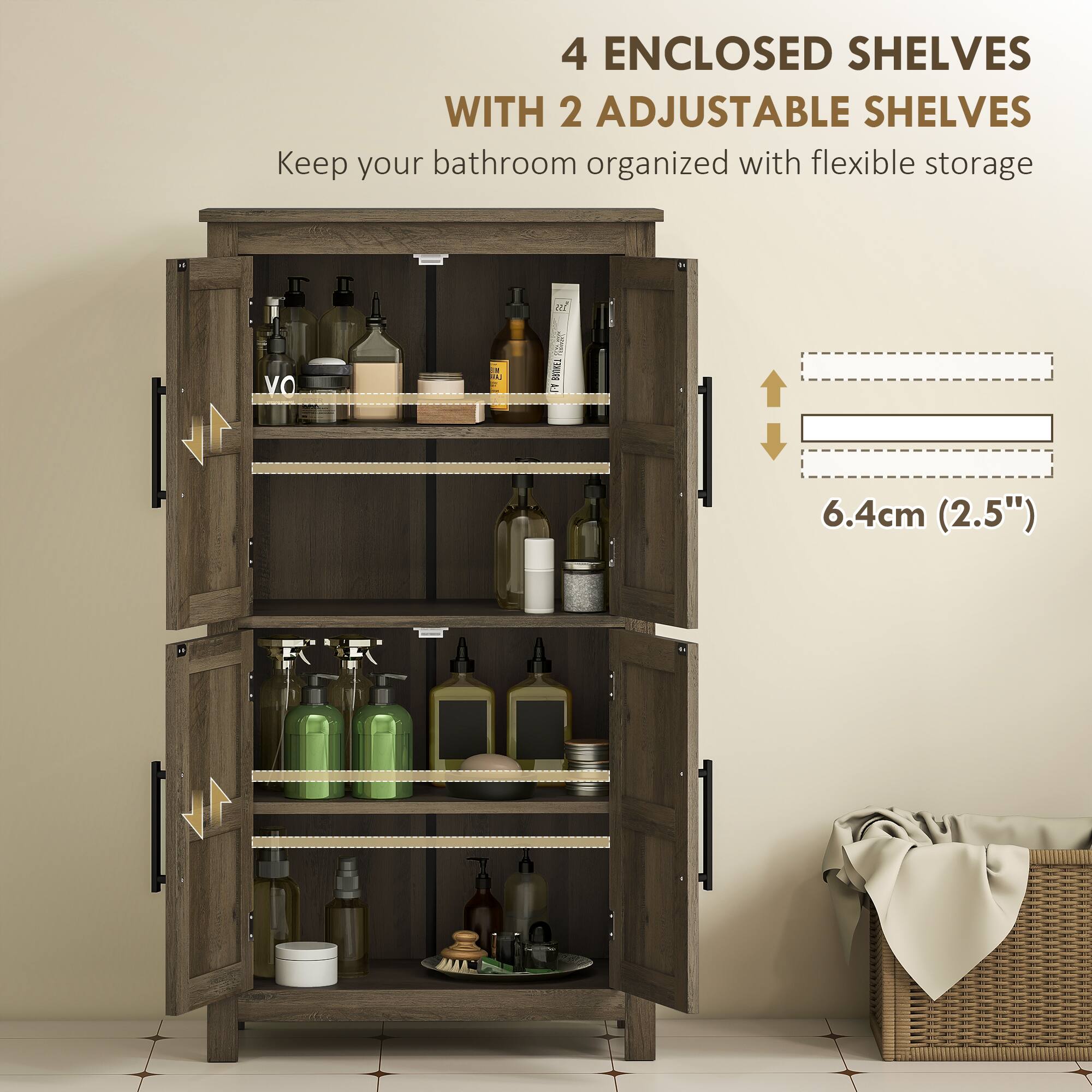 4 ENCLOSED SHELVES WITH 2 ADJUSTABLE SHELVES Keep your bathroom organized with flexible storage al VO 12 I = 6.4cm (2.5")