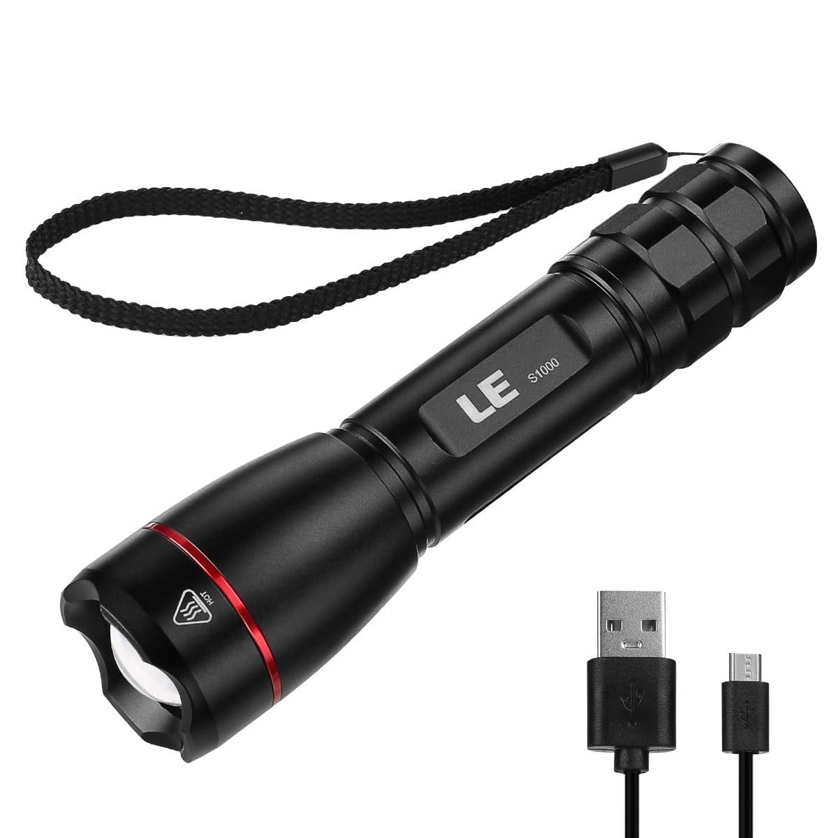 Lepro - Rechargeable LED Flashlight, 1000LM High Lumens, 5 Modes, Zoomable, IPX4 Waterproof Small Tactical Torch - Black