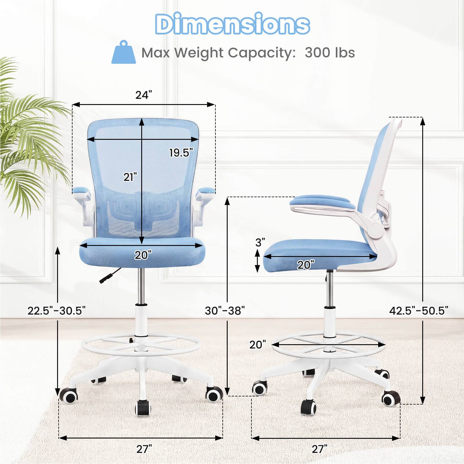 Dimensions  
Max Weight Capacity: 300 lbs  

- Width: 24"  
- Depth: 19.5"  
- Height: 21"  
- Seat Height: 20"  
- Armrest Height: 3"  
- Seat Depth: 20"  
- Back Height: 22.5"-30.5"  
- Overall Height: 30"-38"  
- Base Width: 42.5"-50.5"  
- Base Diameter: 27"