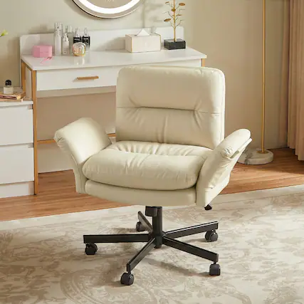 Front. Bestier - Ergonomic Cross-Legged Office Chair with Flip-Up Arms, Swivel Wheels & Adjustable Backrest for Computer Office Desk - Off-White PU Leather.