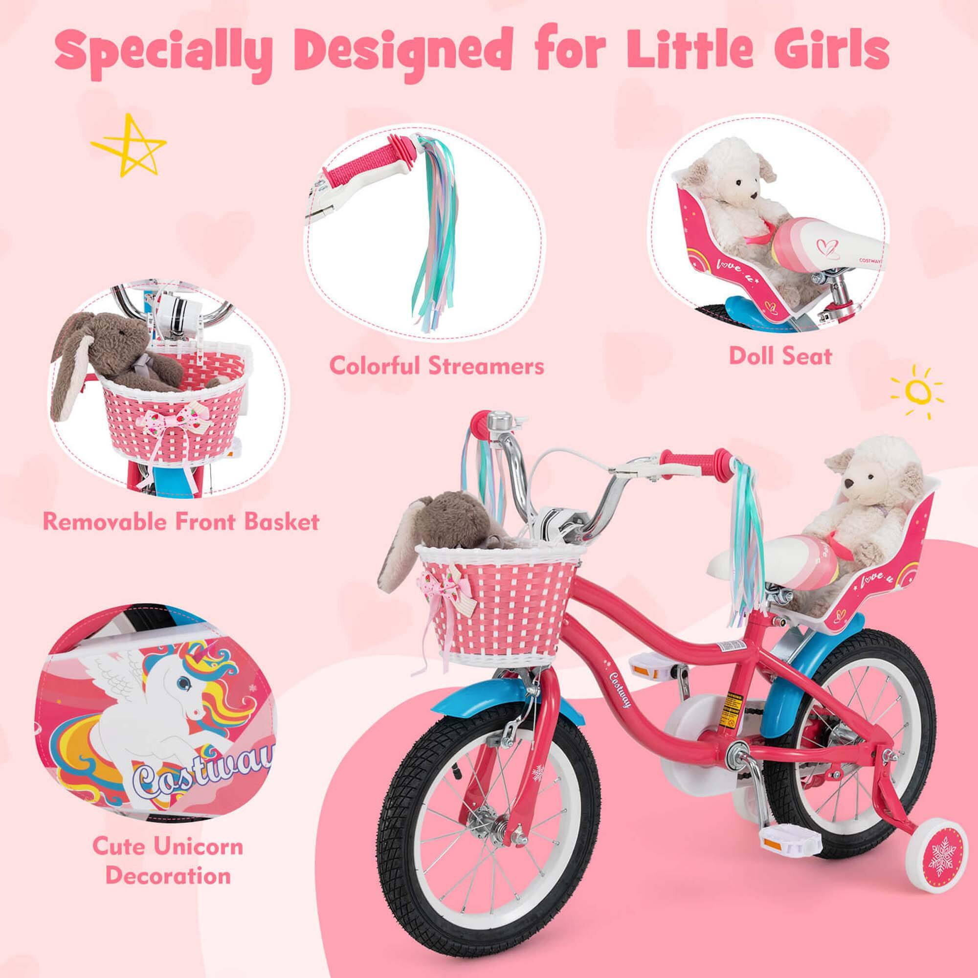 Specially Designed for Little Girls

- Colorful Streamers
- Doll Seat
- Removable Front Basket
- Cute Unicorn Decoration

Costway