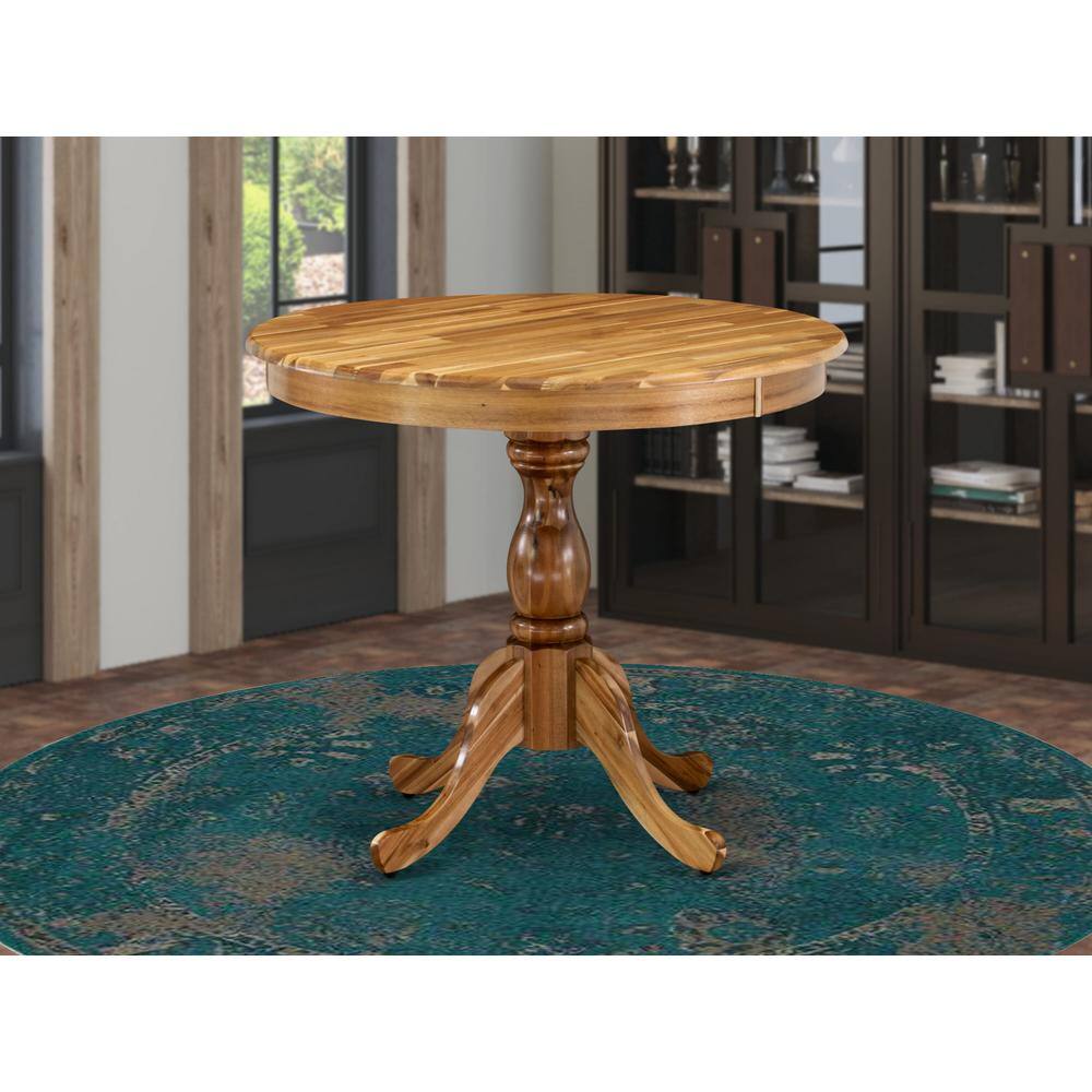 Angle. East West Furniture - Round Dining Table Natural Acacia Color Table Top Surface and Asian Wood Round Table Pedestal Legs -Natural Acacia - Natual.