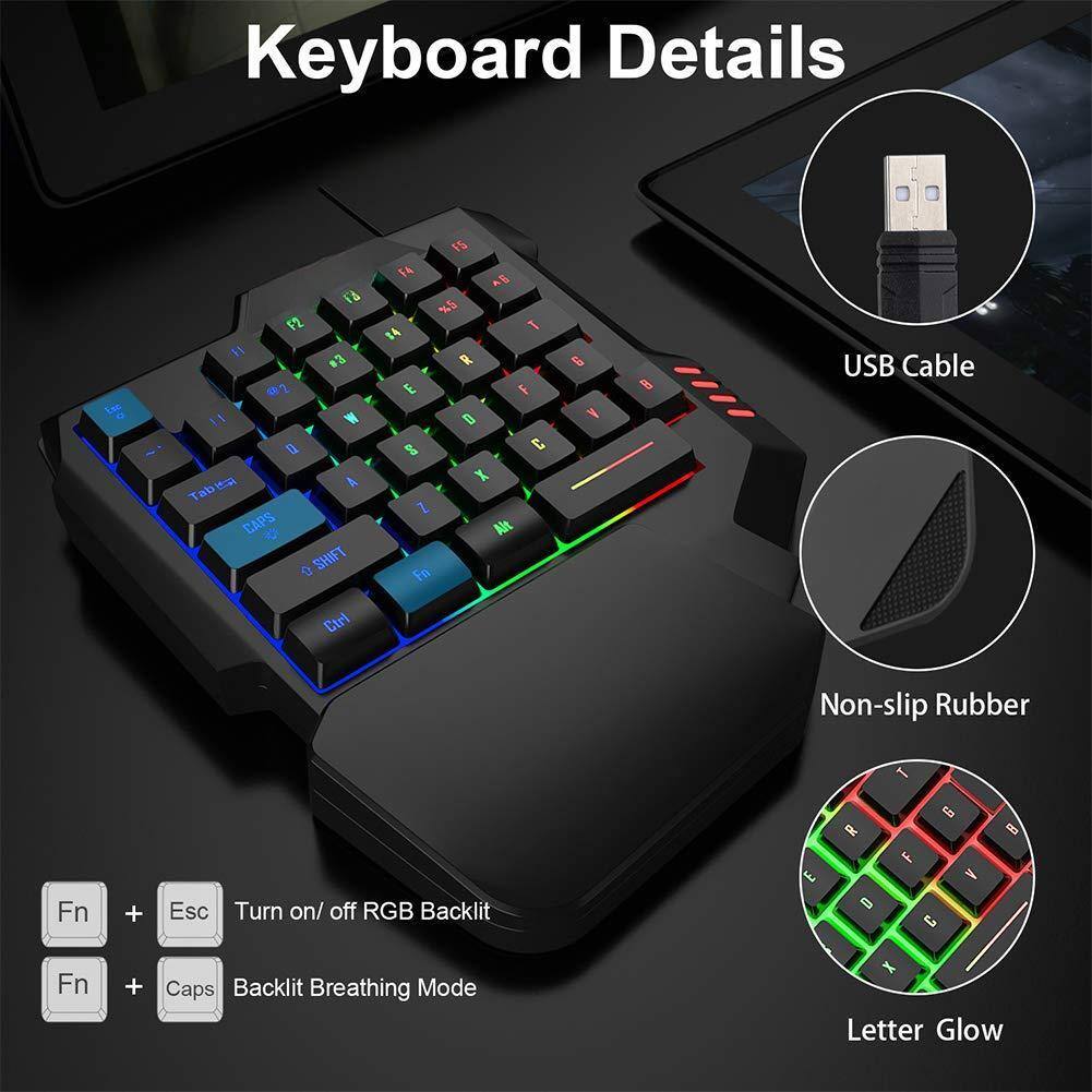 Keyboard Details

- USB Cable
- Non-slip Rubber
- Letter Glow

Key Functions:
- Fn + Esc: Turn on/off RGB Backlit
- Fn + Caps: Backlit Breathing Mode