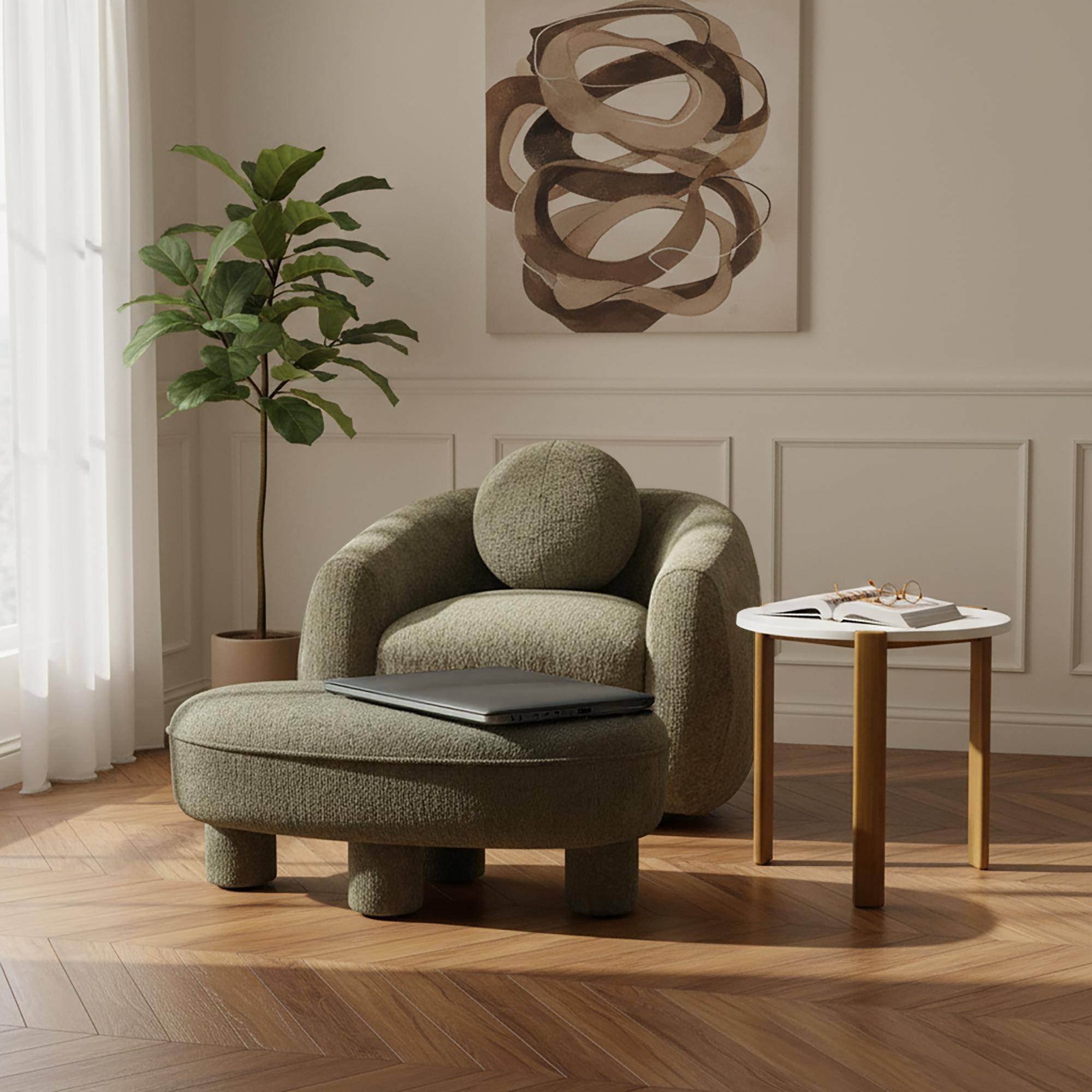 Angle. Manhattan Comfort - Tribeca Mid-Century Modern Chenille Accent Ottoman - Olive Green.