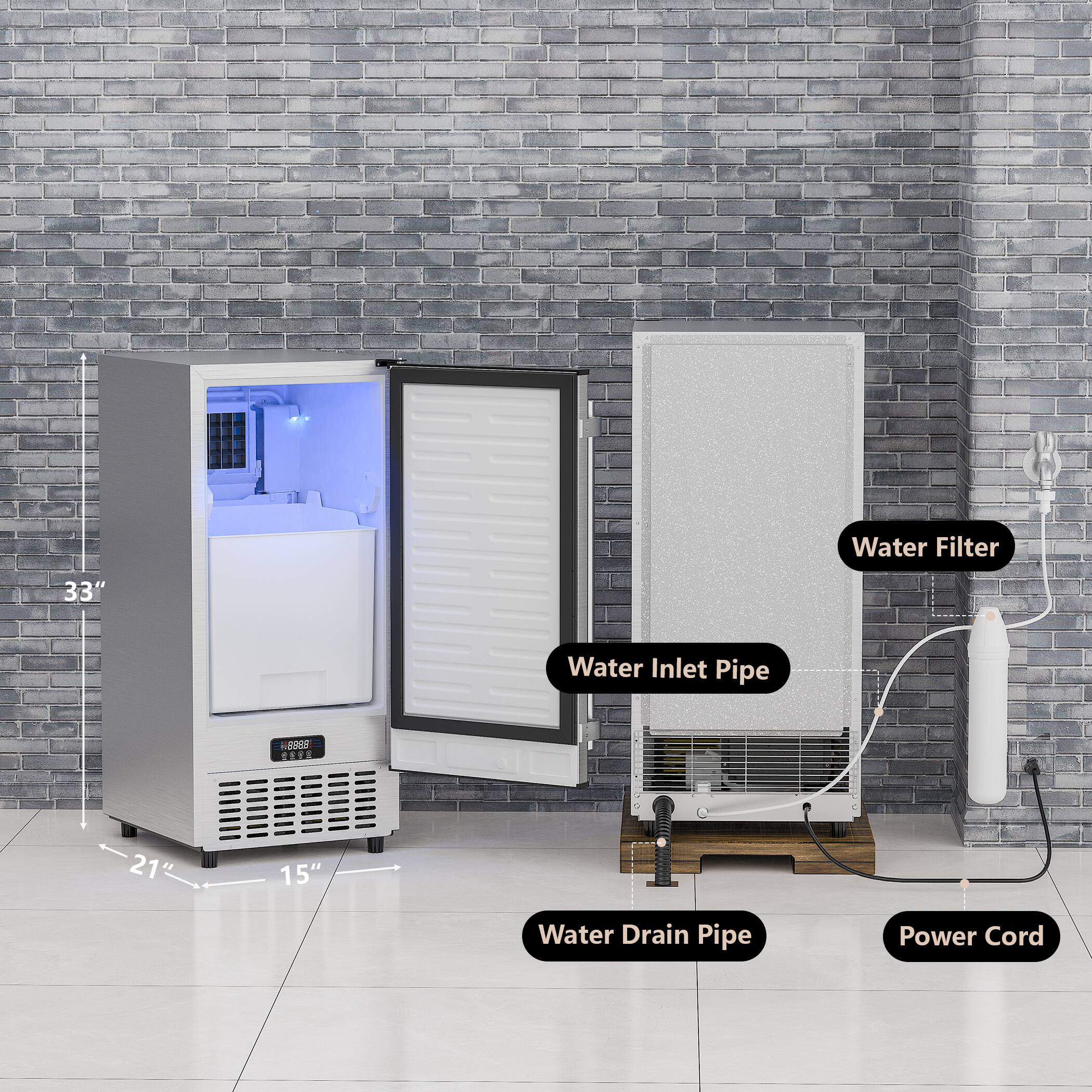 Water Filter  
33" Water Inlet Pipe  
21"  
15" Water Drain Pipe  
Power Cord