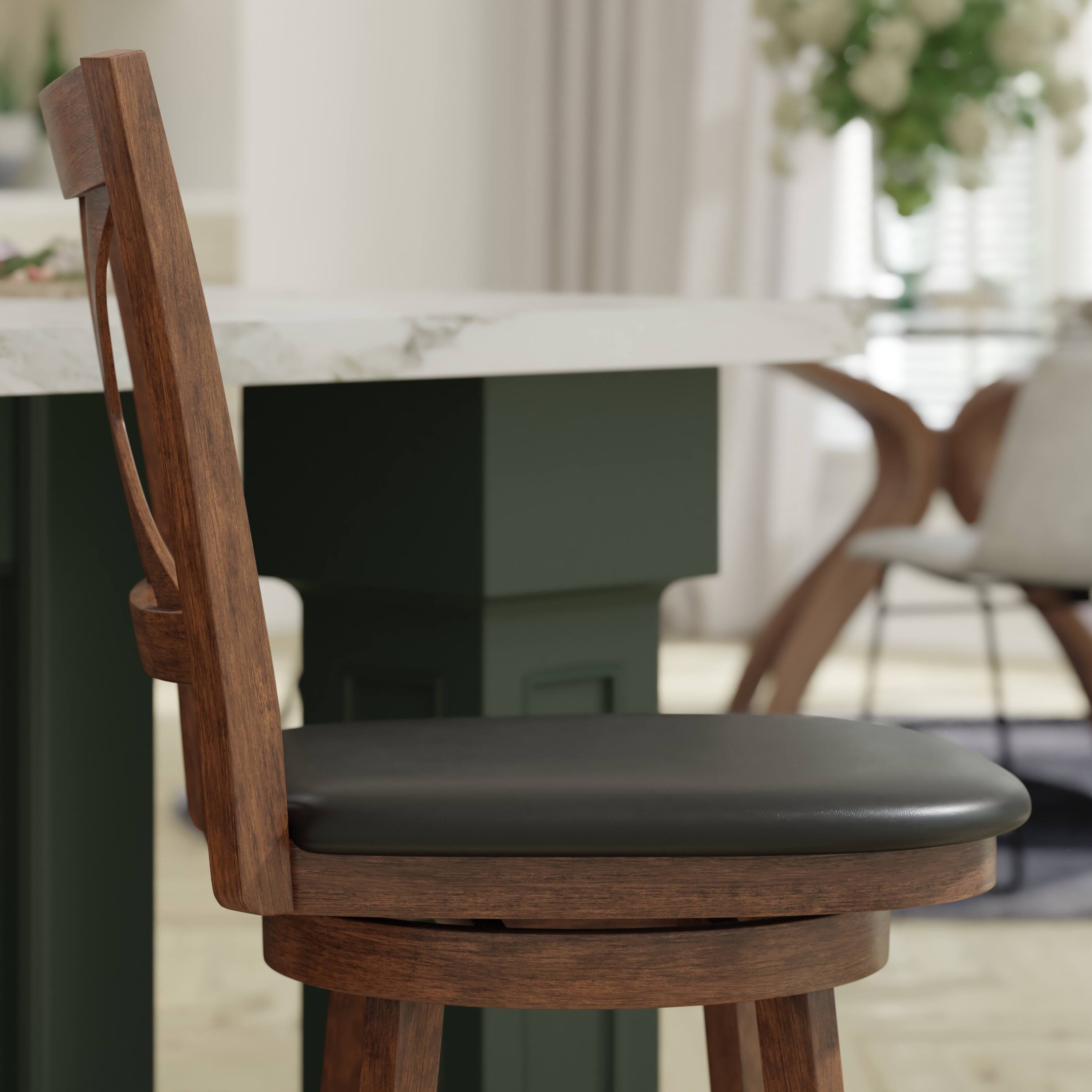 Alt View 4. Emma + Oliver - Luc Wooden Crossback Pub Style Barstool with Padded Faux Leather Swivel Seat - Black Vinyl/Antique Oak Frame.
