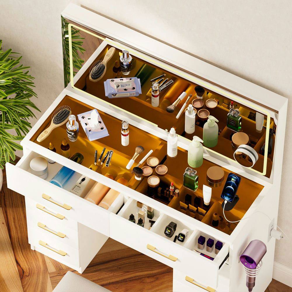 Alt View 4. Kadyn - 46-Inch Makeup Vanity with 10 Drawers, Mirror and Stool - White - White.