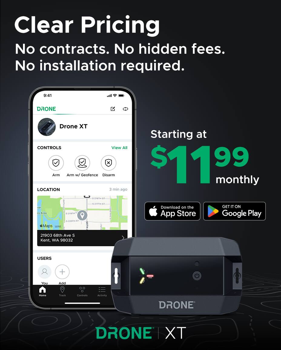 Clear Pricing  
No contracts. No hidden fees. No installation required.

Starting at $11.99 monthly

Download on the App Store  
GET IT ON Google Play

DRONE XT