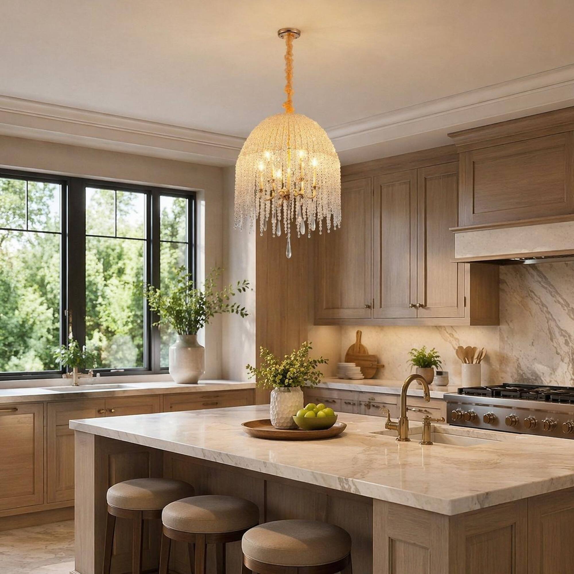 Left. RYHNUYNE - 20 Inch 6-Light K9 Crystal Pendant Chandelier with Gold Finish – Cascading Waterfall Beads, Adjustable Drop.