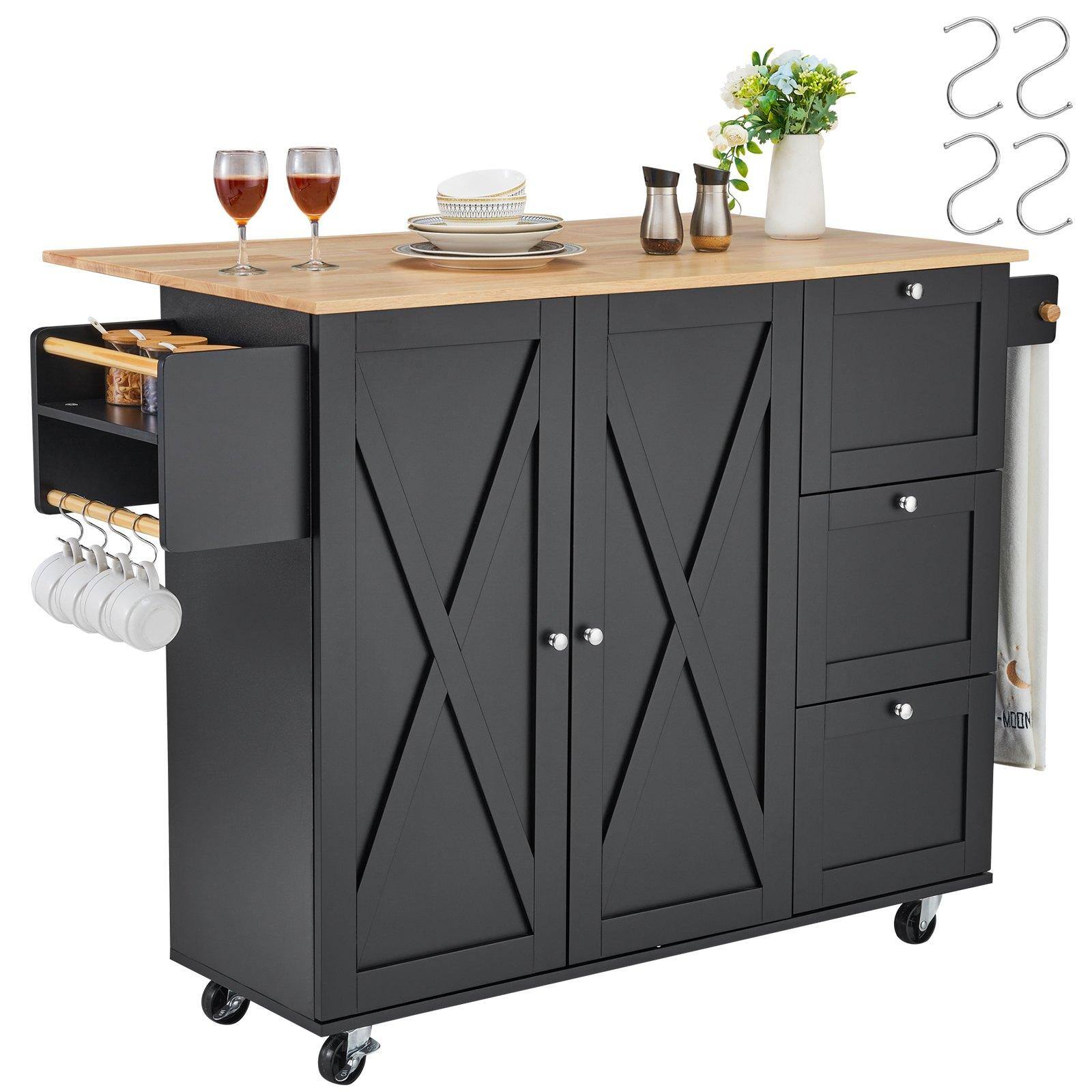 Glintex - Kitchen Island Cart, 56" Wood Top Mobile Storage Cabinet with Drop Leaf, Drawer, Adjustable Shelf, Spice Rack and Hooks - Black