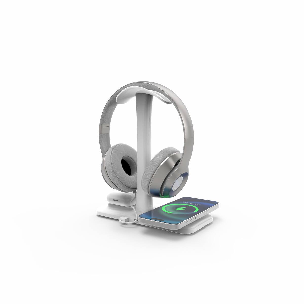 Front. RISOKEYS - 3-in-1 Wireless Charger - Power Adapter for Gaming Headset, Charger Stand, Universal Wireless Phone Charger - White.