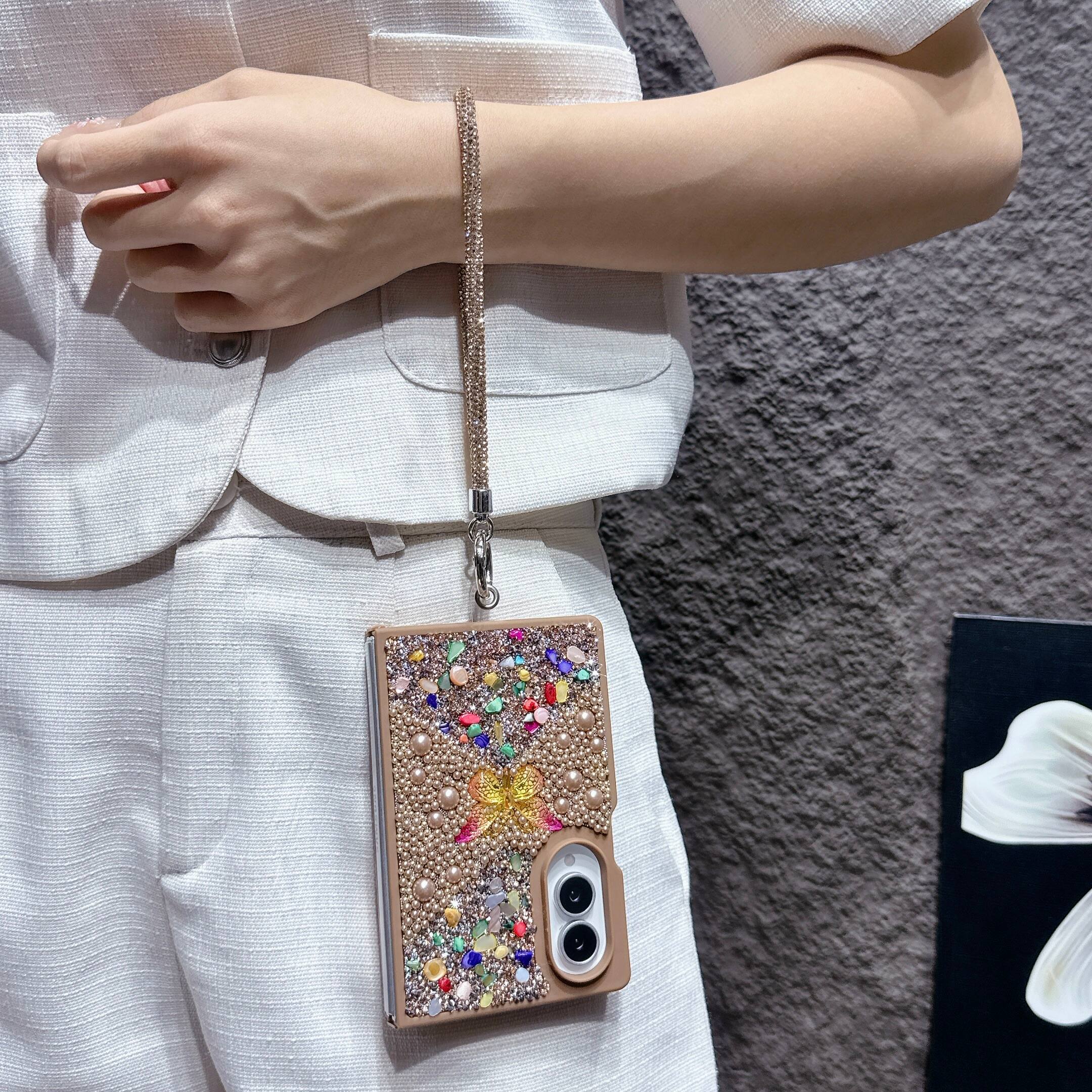 Alt View 1. Dteck - Diamond Case for Samsung Galaxy Z Fold 8, Sparkle Glitter Rhinestone Butterfly Phone Cover with Strap - Gold.
