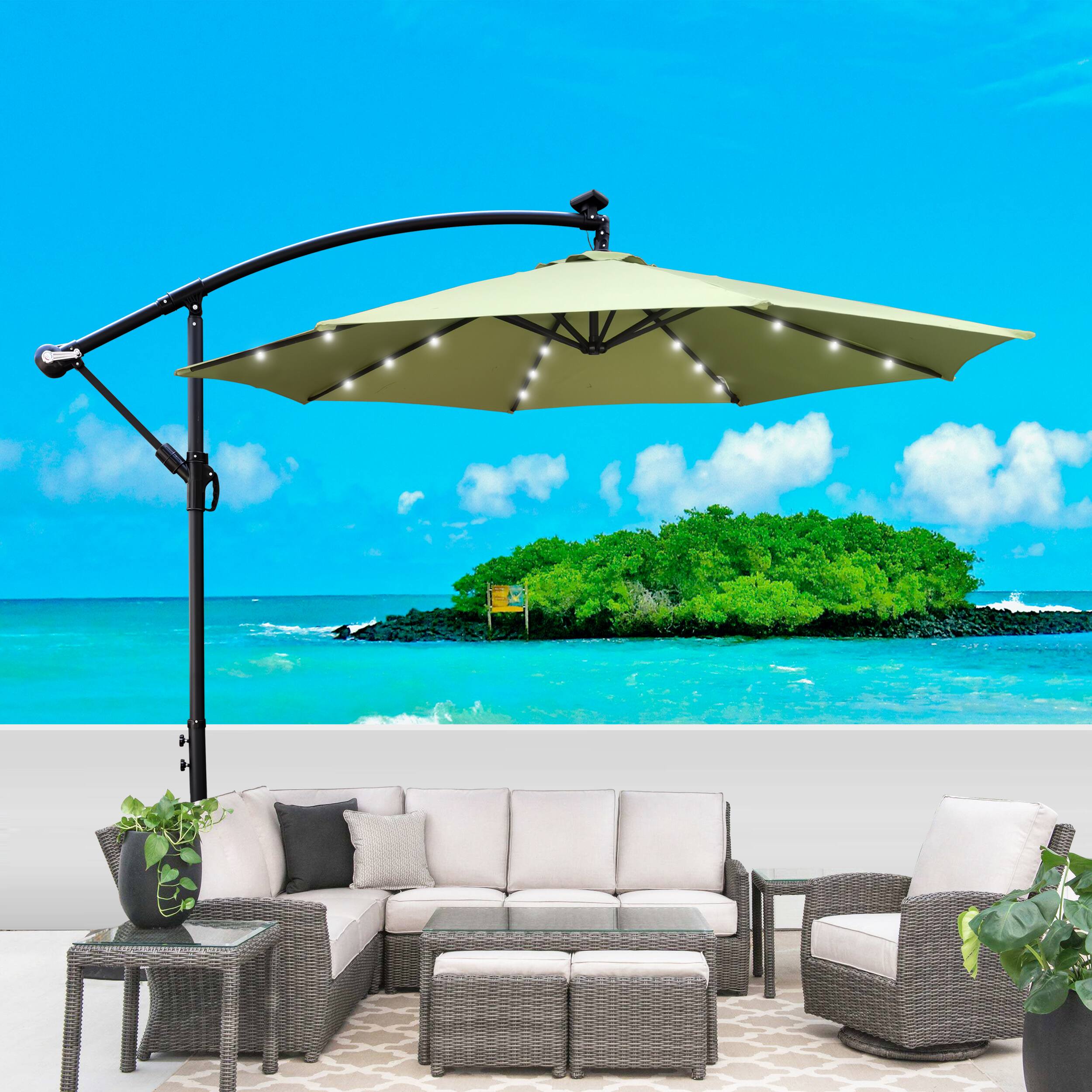 Left. Loheer - Loheer 10 ft Solar Powered LED Patio Umbrella with Crank and Cross Base Waterproof Sun Shade.