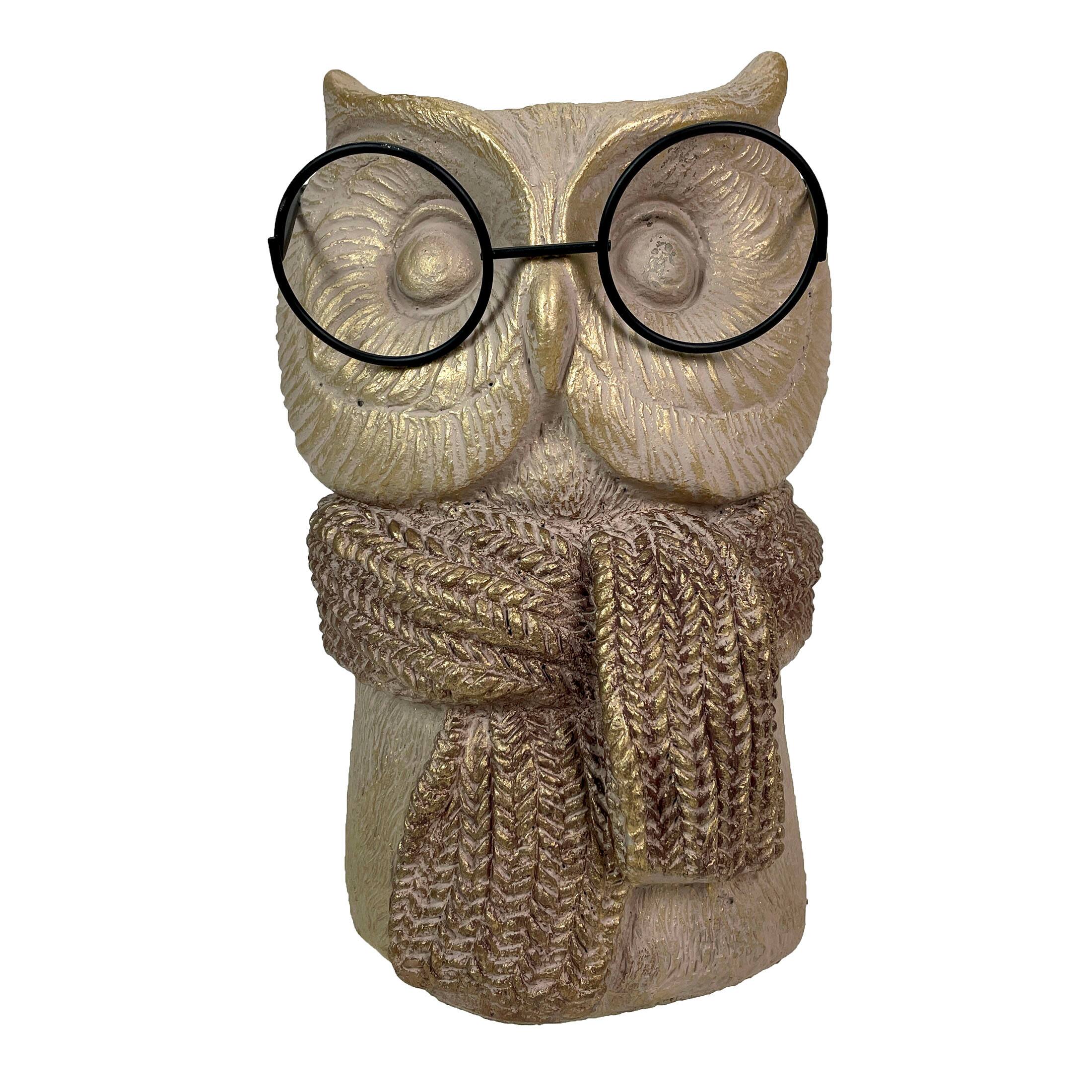 Alt View 1. Things2Die4 - Bespectacled Owl Cement Vase 8.25" Gold Accents Knit Scarf Real Wire Glasses - Taupe.