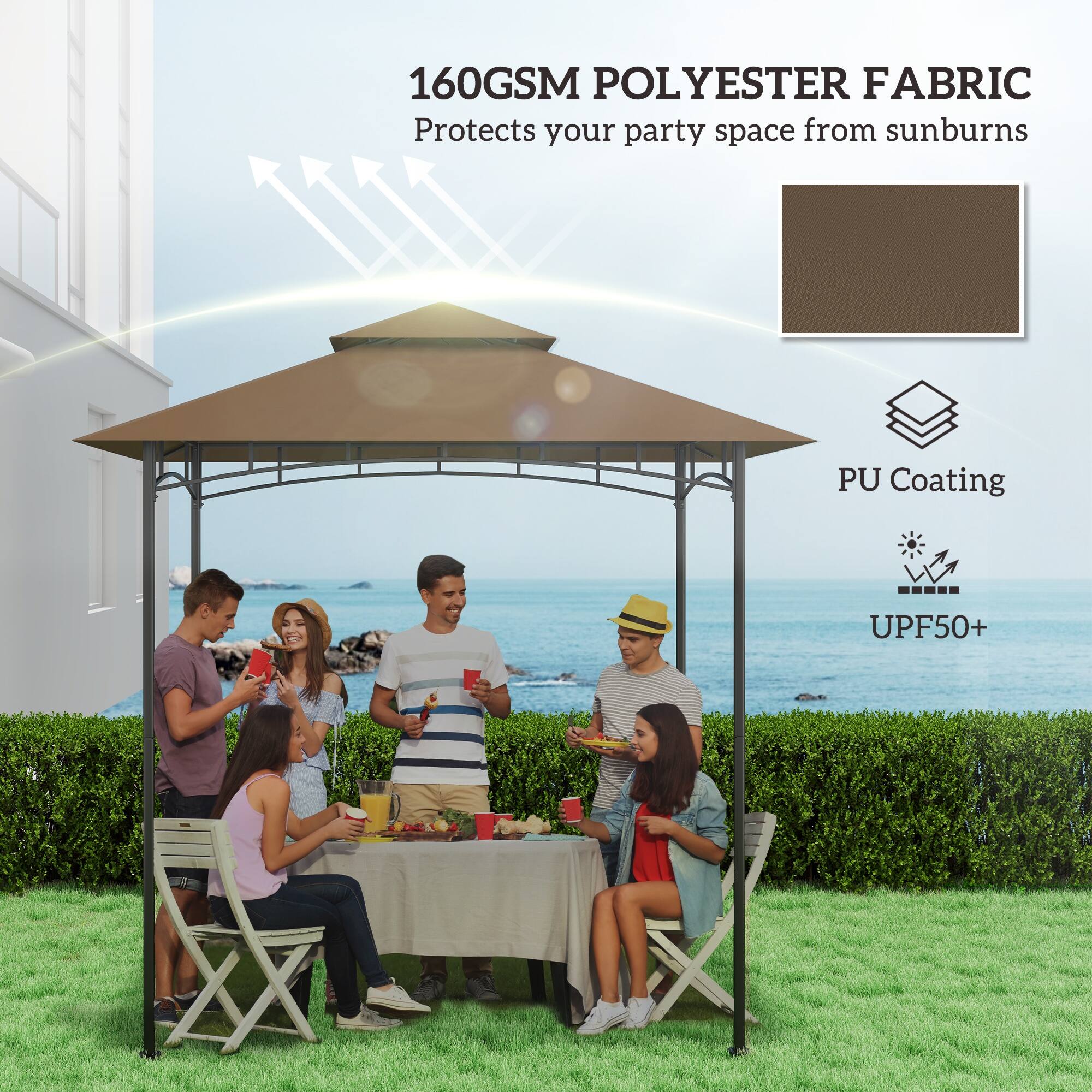 160GSM POLYESTER FABRIC  
Protects your party space from sunburns  

PU Coating  
UPF50+