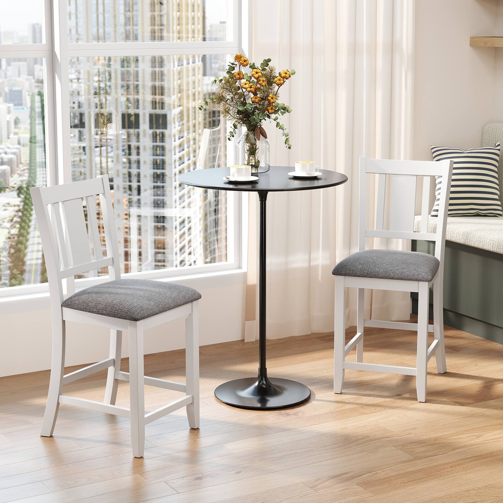 Alt View 3. Gymax - Gymax Rubber Wooden Bar Stools Set of 2 w/ Ergonomic Back Comfortable Linen Cushion - White, Gray.