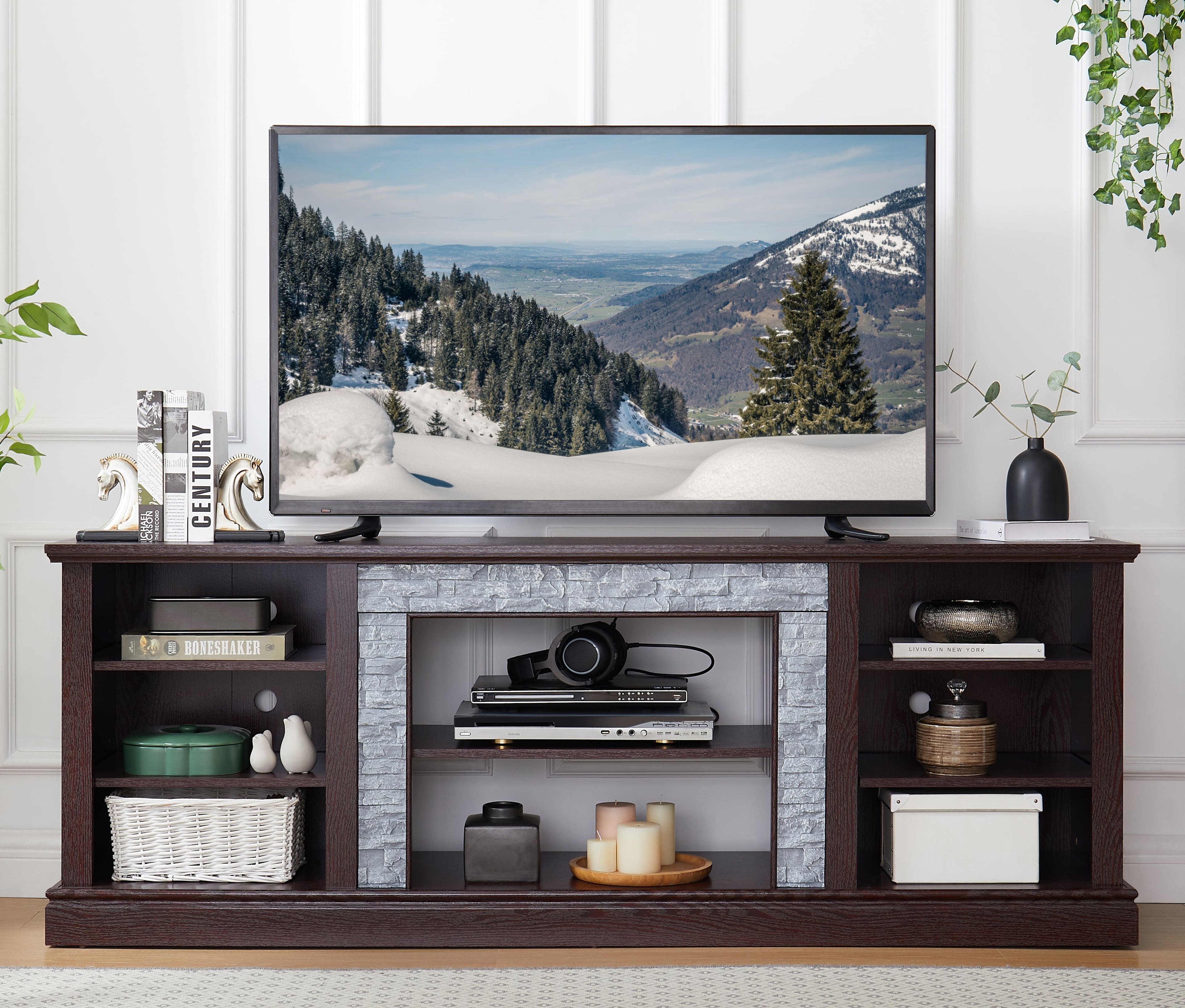 Boyel Living - 58.31In Mantel Stone TV Media Stand with Faux Stacked Stone Surround Open Storage Space - Cherry