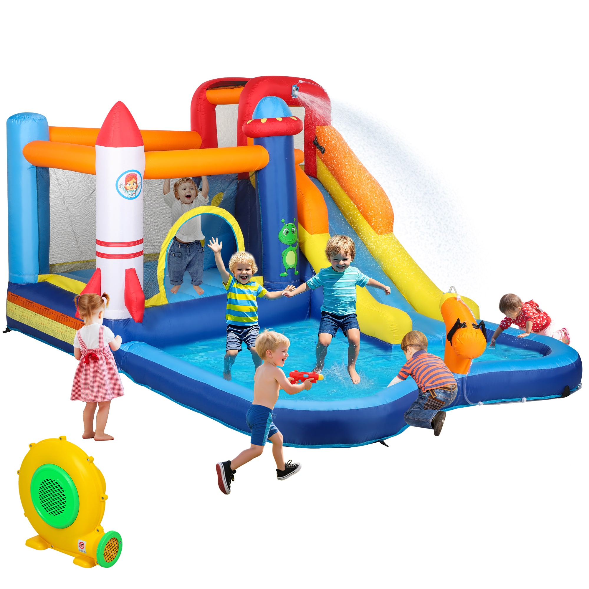 Qaba - Inflatable Water Slide Park, Kids Bounce House, Splash Pool, Trampoline, Climbing Wall, 550W Blower, Backyard, Party