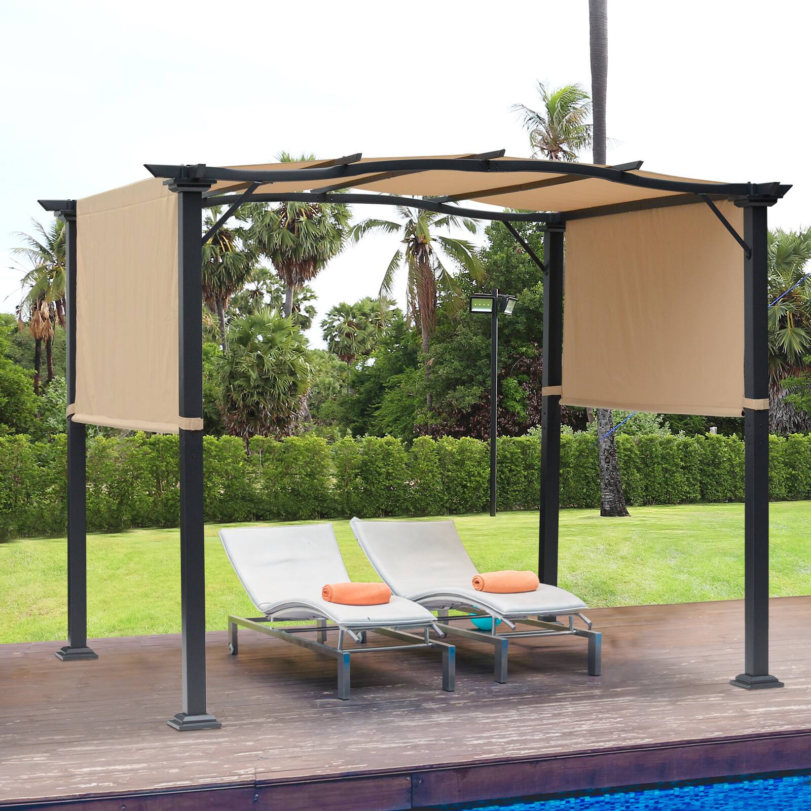 Angle. Outsunny - 8' x 10' Retractable Pergola Canopy Steel Frame Polyester Fabric Gazebo with Retractable Canopy Shade Awning - Khaki.