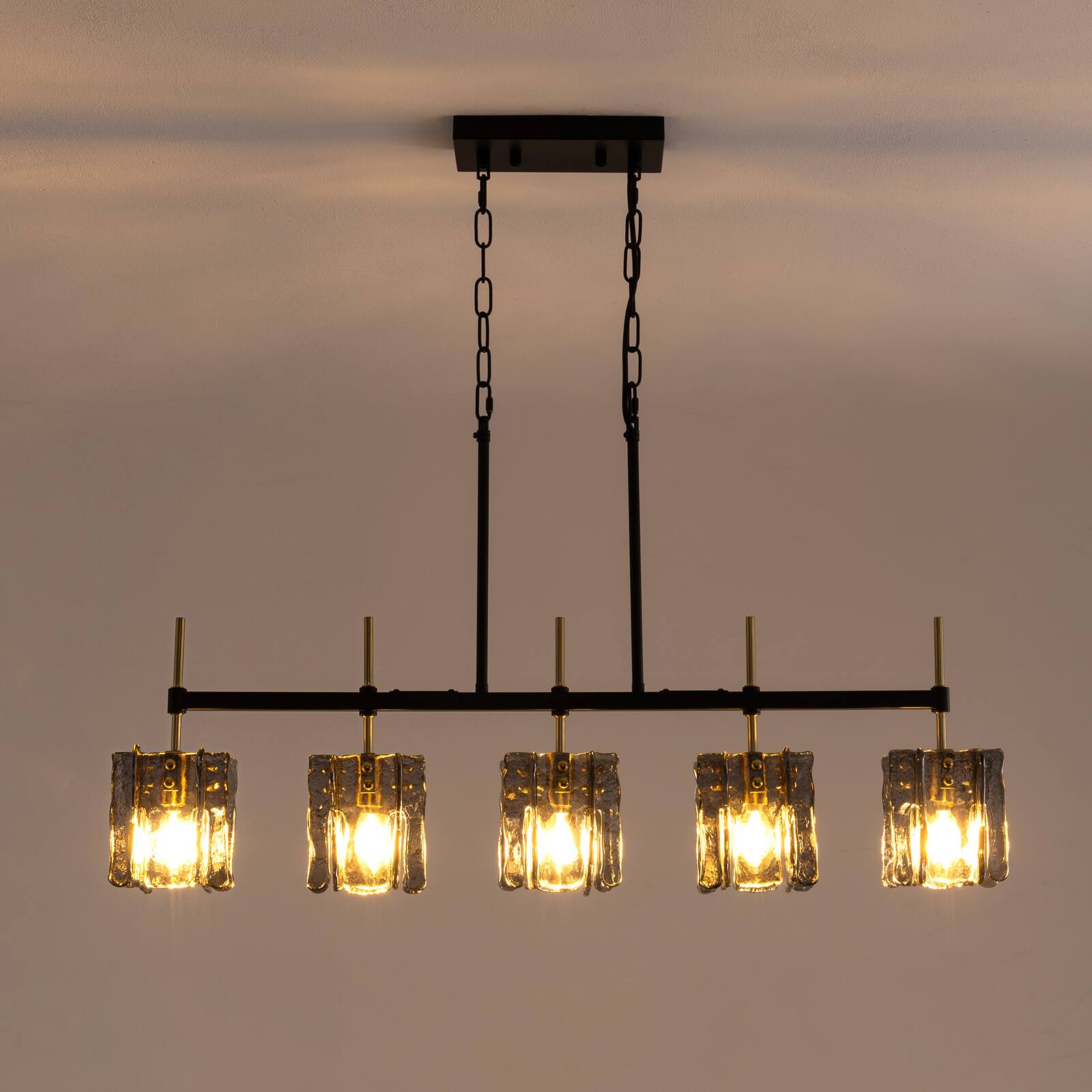 Alt View 6. Siljoy - 36 in 5‑Light Linear Pendant, Black Metal Frame, Smoke Gray Textured Glass Shades, E12 Adjustable Height for Living Room - Black.