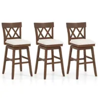 Costway - 3 PCS 30" Bar Stool Wooden Chair with Contoured Backrest Swivel Padded Seat for Kitchen - Beige/Brown - Front_Zoom