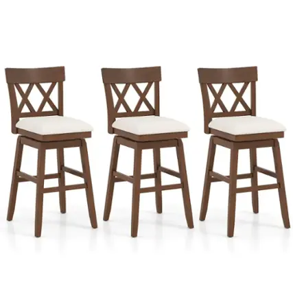 Front. Costway - 3 PCS 30" Bar Stool Wooden Chair with Contoured Backrest Swivel Padded Seat for Kitchen - Beige/Brown.
