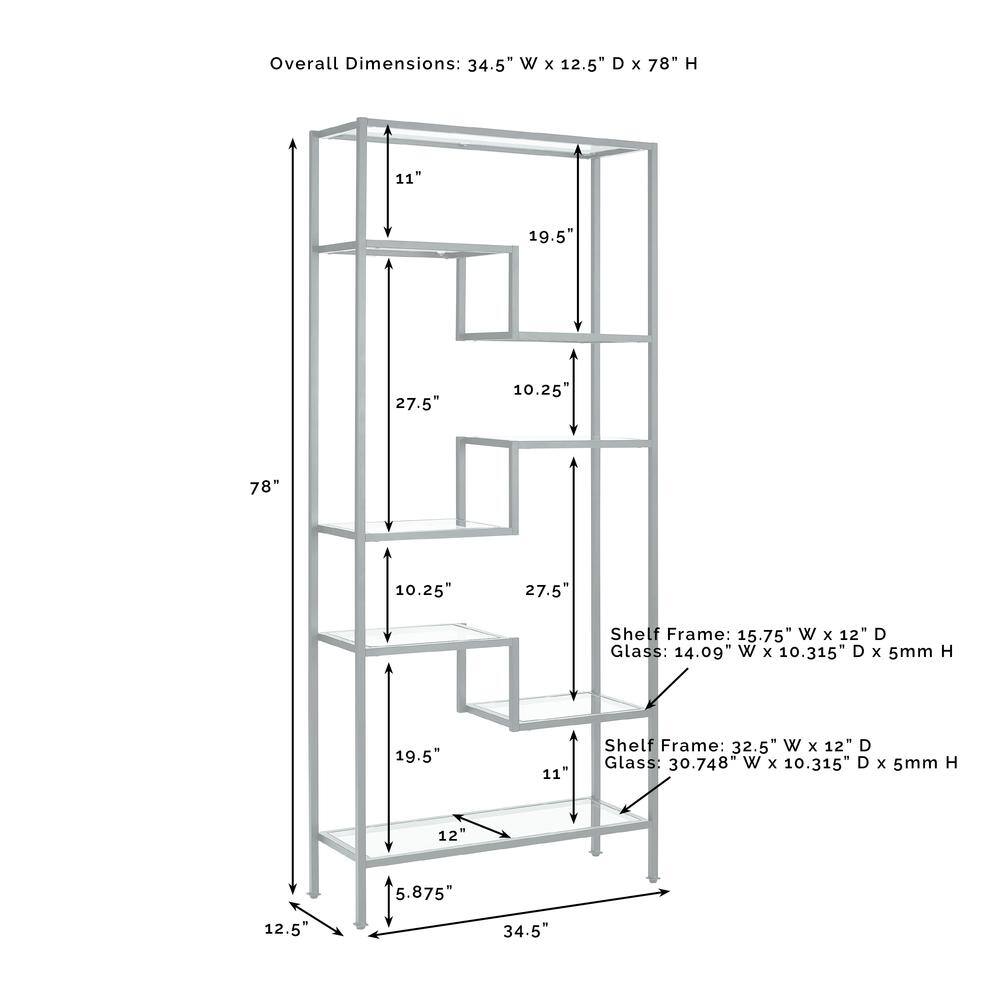 Overall Dimensions: 34.5" W x 12.5" D x 78" H

Shelf Frame: 15.75" W x 12" D
Glass: 14.09" W x 10.315" D x 5mm H

Shelf Frame: 32.5" W x 12" D
Glass: 30.748" W x 10.315" D x 5mm H