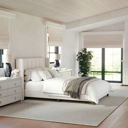 Martha Stewart - Kay Faux Linen Full Size Platform Bed with Channel Stitched Headboard - Beige Fabric/Walnut Legs