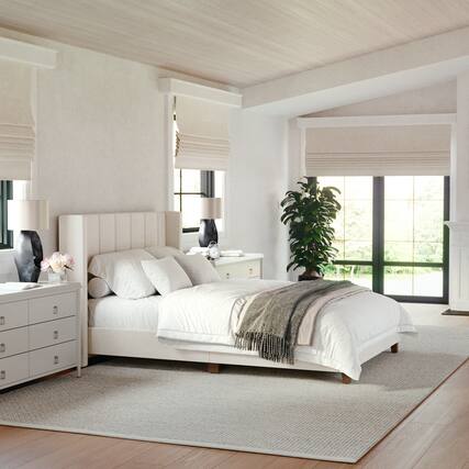 Front. Martha Stewart - Kay Faux Linen Full Size Platform Bed with Channel Stitched Headboard - Beige Fabric/Walnut Legs.