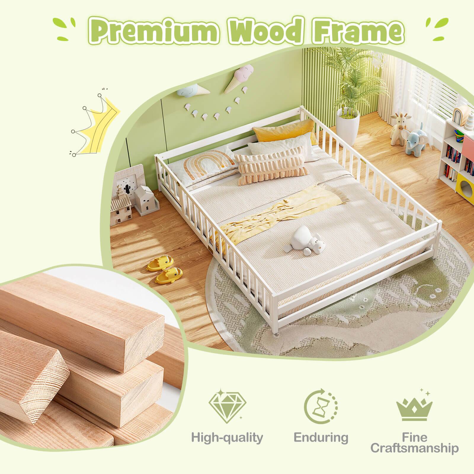 Alt View 9. Costway - Costway Queen Size Floor Bed with Full Length Safety Guardrails & Door for Boys, Girls - White.