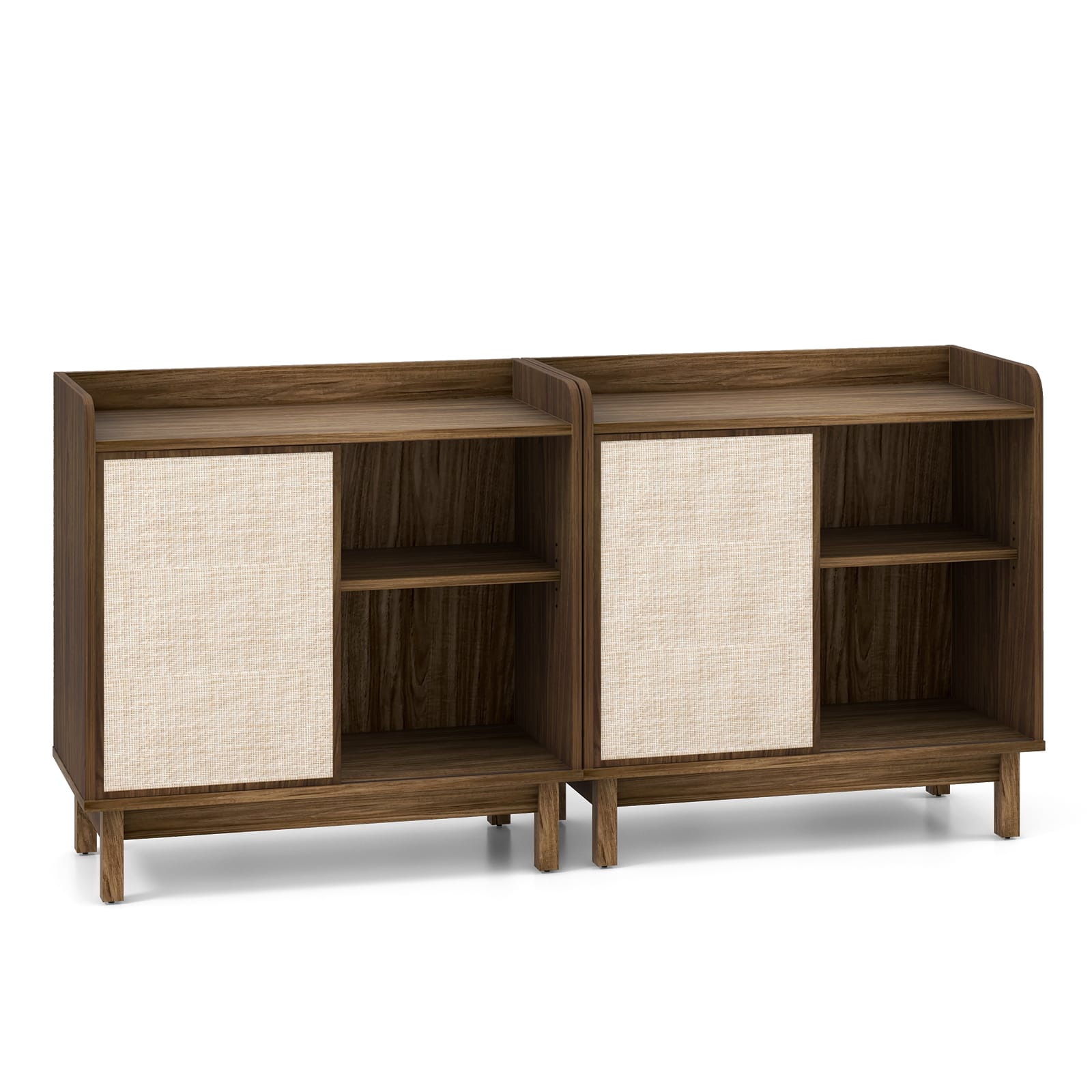 Costway - Set of 2 Rattan Sideboard Cabinet Farmhouse Buffet Storage Cabinet with Sliding Door 2 Adjustable Shelves - Walnut