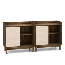 Costway - Set of 2 Rattan Sideboard Cabinet Farmhouse Buffet Storage Cabinet with Sliding Door 2 Adjustable Shelves - Walnut