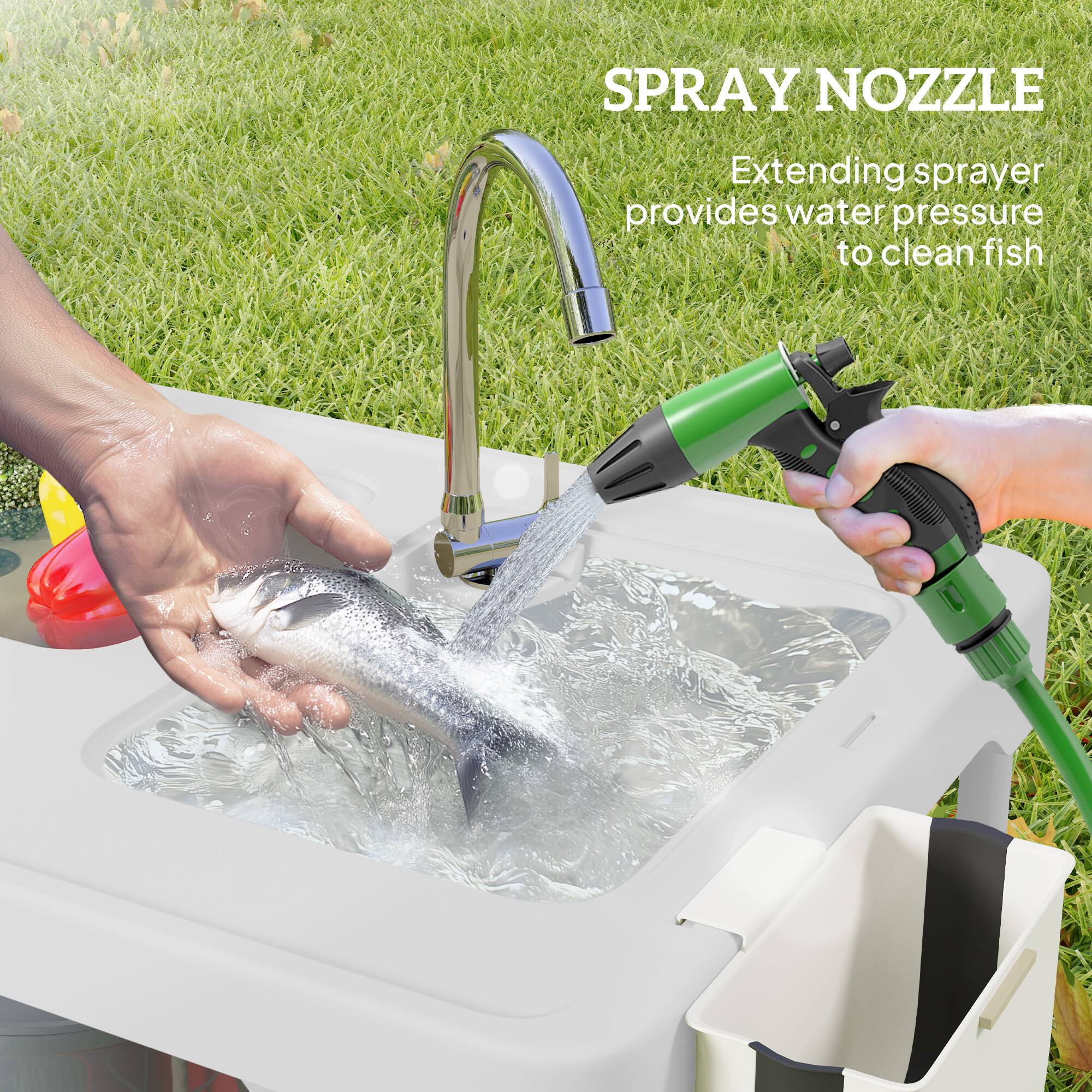 SPRAY NOZZLE Extending sprayer provides water pressure to clean fish