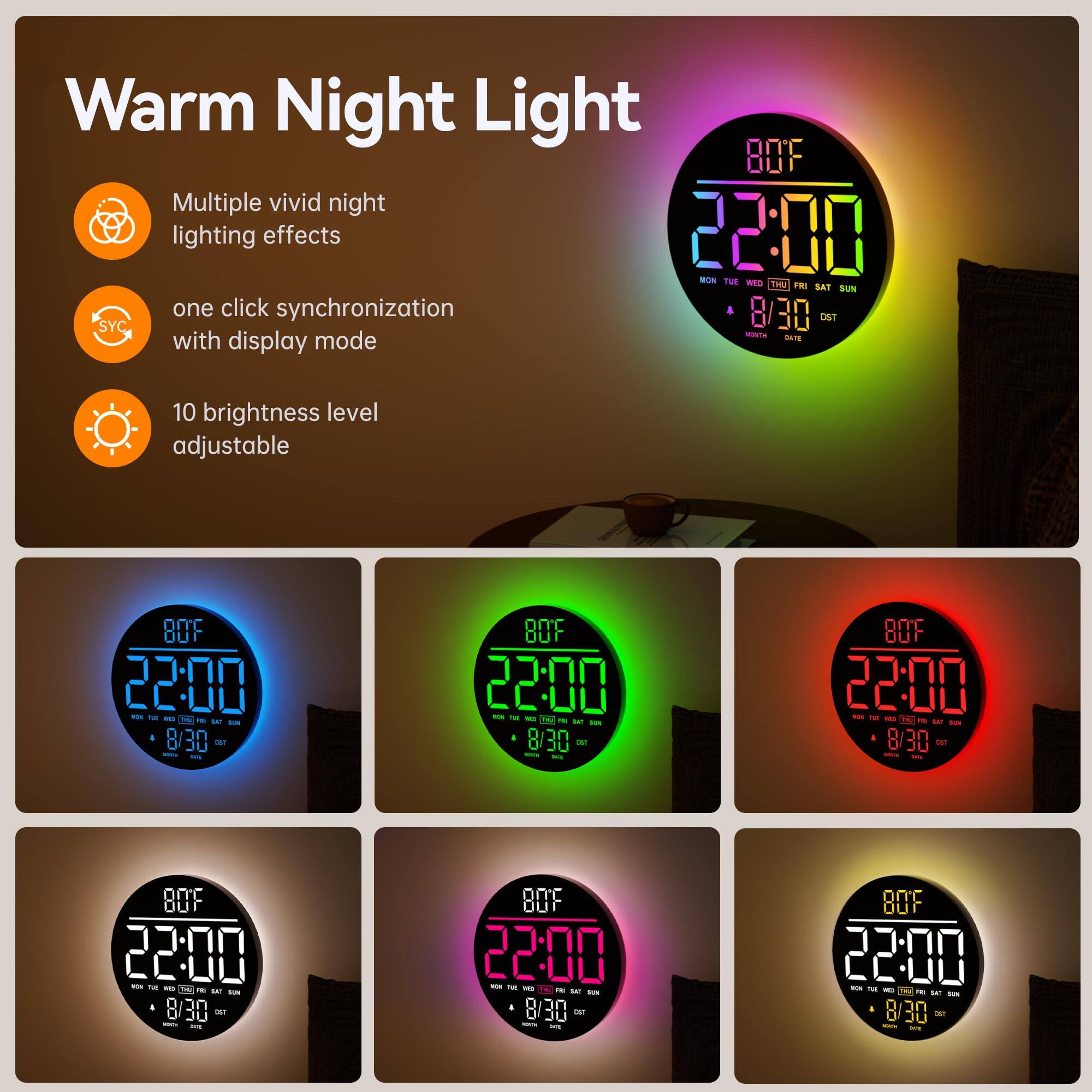 Warm Night Light

- Multiple vivid night lighting effects
- One click synchronization with display mode
- 10 brightness level adjustable

80F 22:00
MON TUE WED THU FRI SAT SUN
8/30
DST