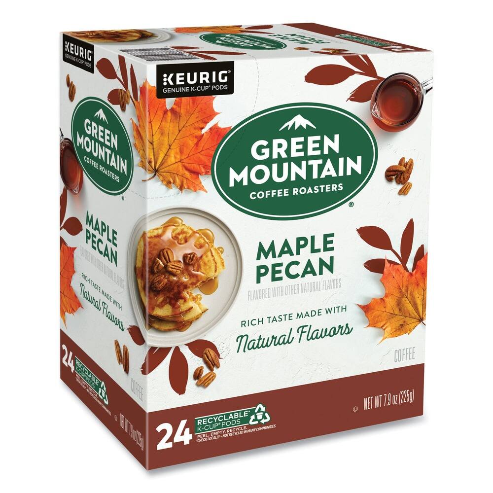 KEURIG GENUINE K-CUP PODS  
GREEN MOUNTAIN COFFEE ROASTERS  
MAPLE PECAN  
FLAVORED WITH OTHER NATURAL FLAVORS  
RICH TASTE MADE WITH NATURAL FLAVORS  
24 RECYCLABLE K-CUP PODS  
NET WT 7.9 OZ (225g)  
PEEL, EMPTY, RECYCLE  
KEURIG GENUINE K-CUP PODS