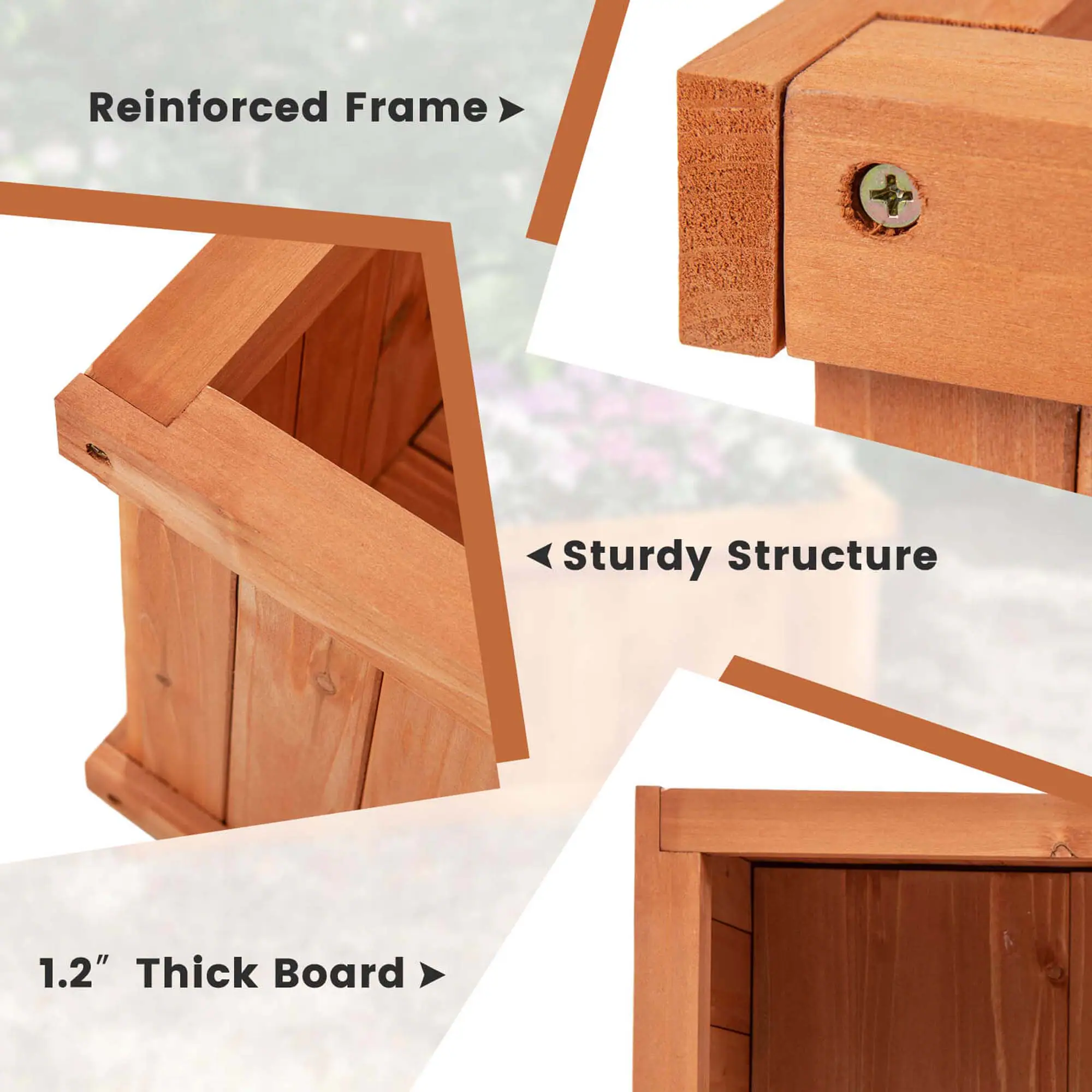 The text on the image is grouped as follows:

1. Reinforced Frame
2. Sturdy Structure
3. 1.2" Thick Board