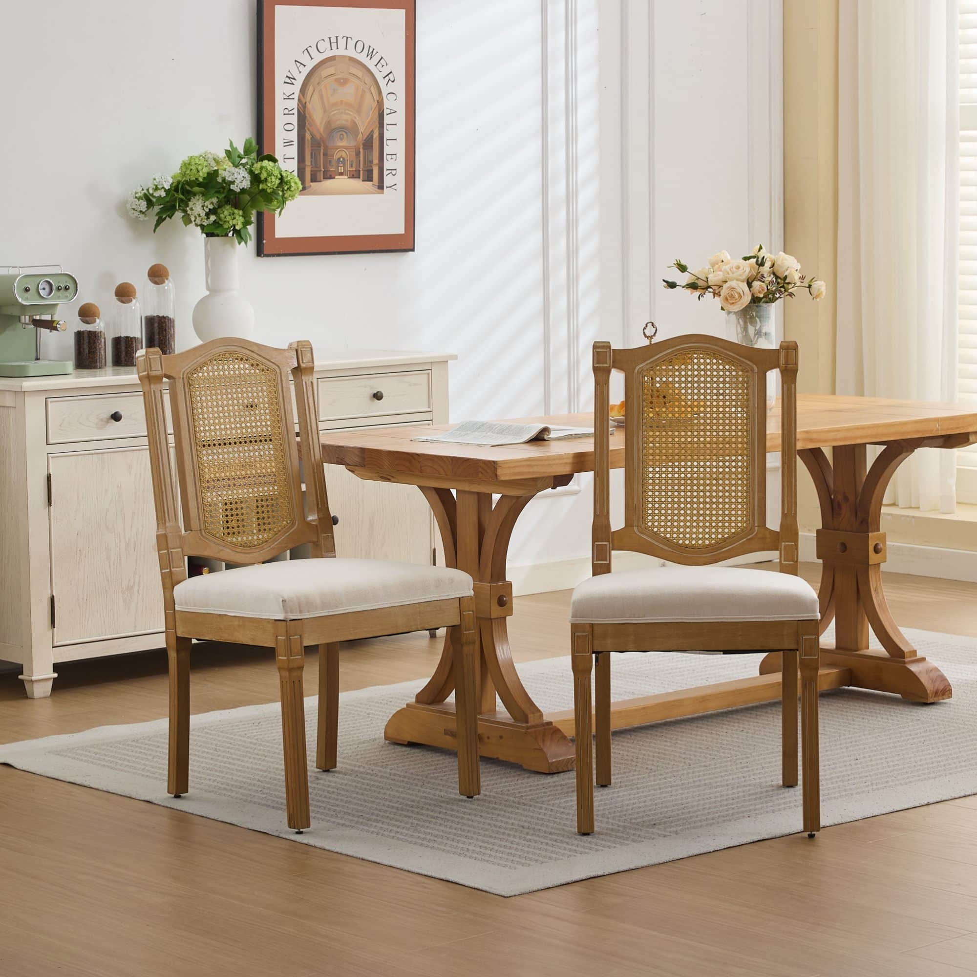GOODSILO - Solid Wood Rattan-Back Dining Chairs with Linen Cushion, Set of 2 for Rustic and Natural Style Dining Rooms and Cafés - Beige - Thumbnail 4