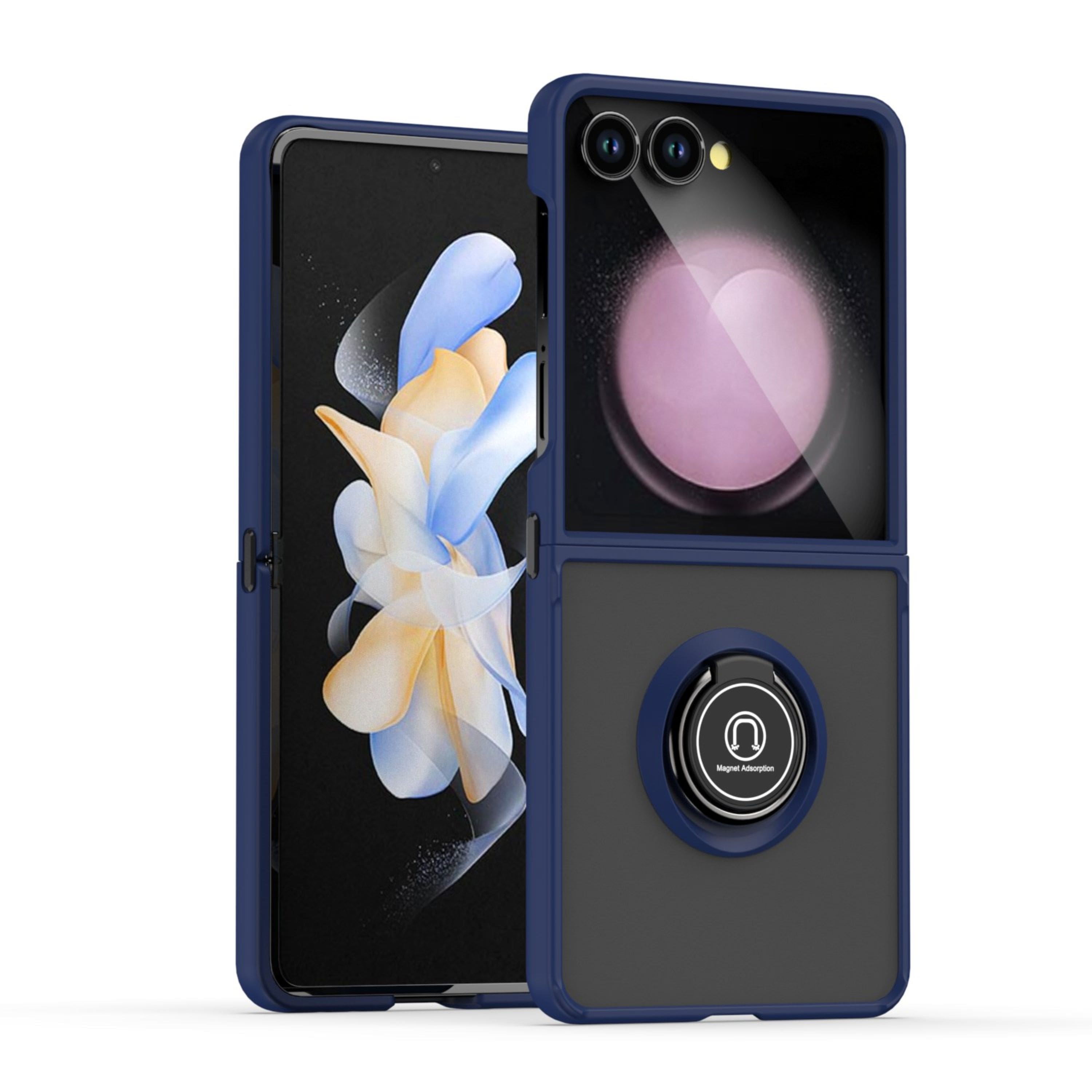 Kitcheniva - Frosted Back Case With Metal Ring Stand Tempered Glass For Samsung Z Flip7 - Clear/Blue