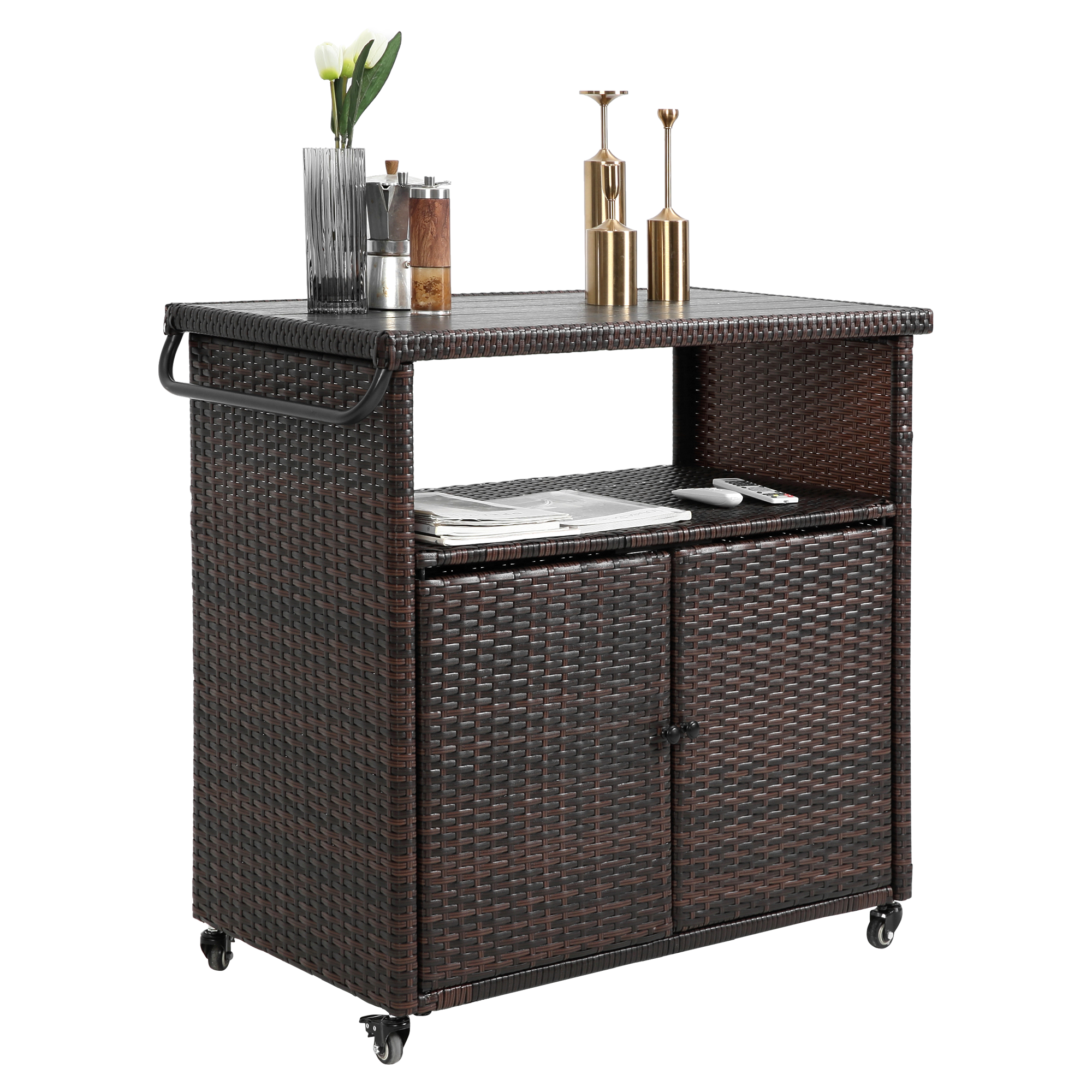 Angle. APRILSOUL - Outdoor Wicker Bar Cart with Wheels Rolling Rattan Beverage Bar Counter Table with Glass Top Light brown - Black+Brown.