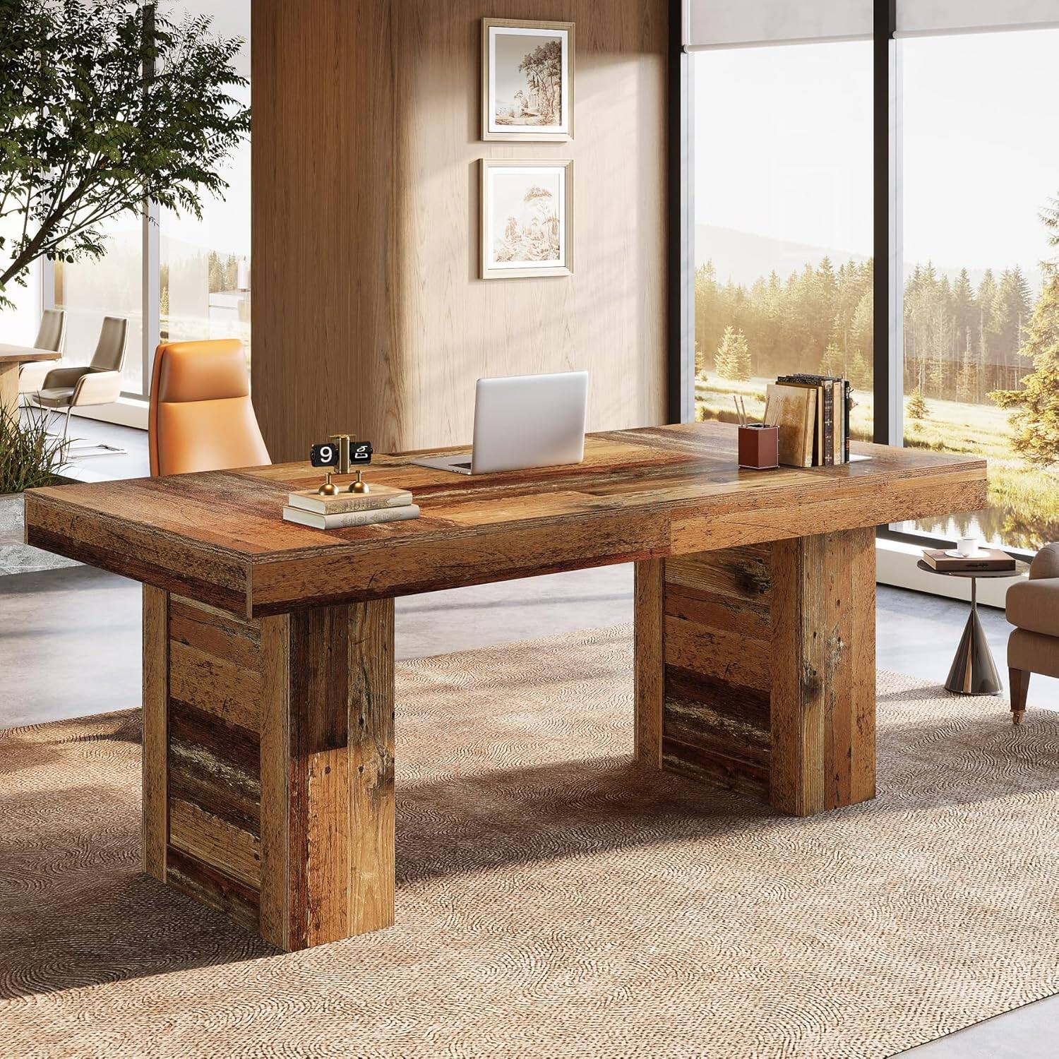 Back. Tribesigns - Office Executive Desk with Engineered Wood Construction, for Computer Work and Writing in Home Offices - Brown.