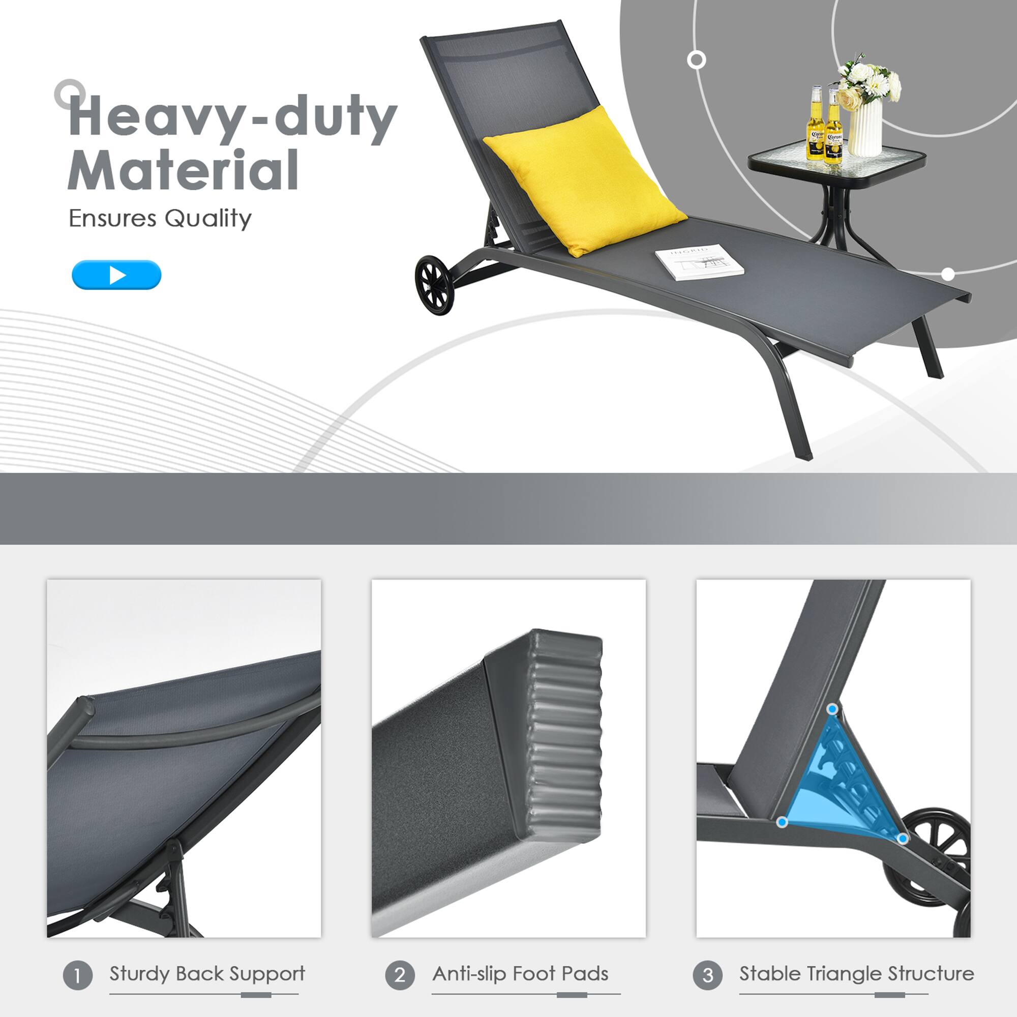 Heavy-duty Material Ensures Quality
1. Sturdy Back Support
2. Anti-slip Foot Pads
3. Stable Triangle Structure