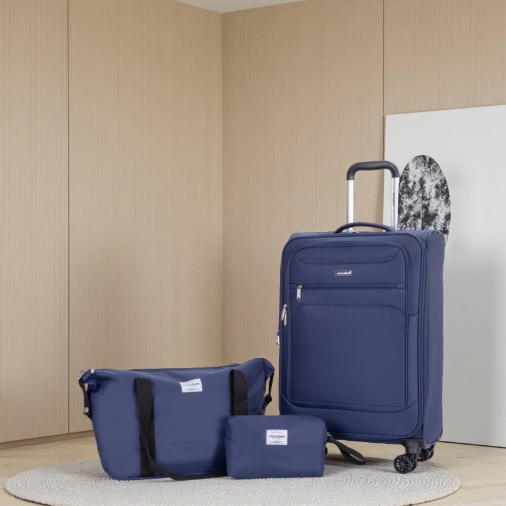 Angle. BreeBe - Softshell Suitcase Spinner Wheels Terylene Polyester Luggage Set with Carry On, Travelbag, and Toiletry Bag - Blue.