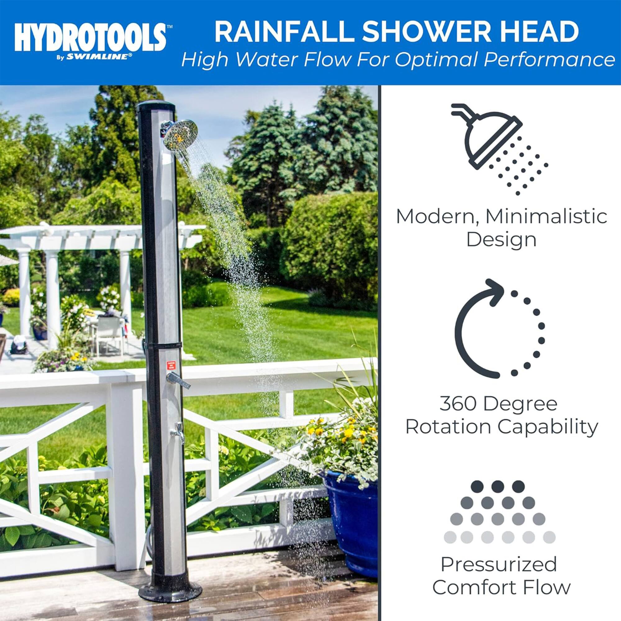 HYDROTOOLS RAINFALL SHOWER HEAD by SWIMLINE

- High Water Flow For Optimal Performance
- Modern, Minimalistic Design
- 360 Degree Rotation Capability
- Pressurized Comfort Flow