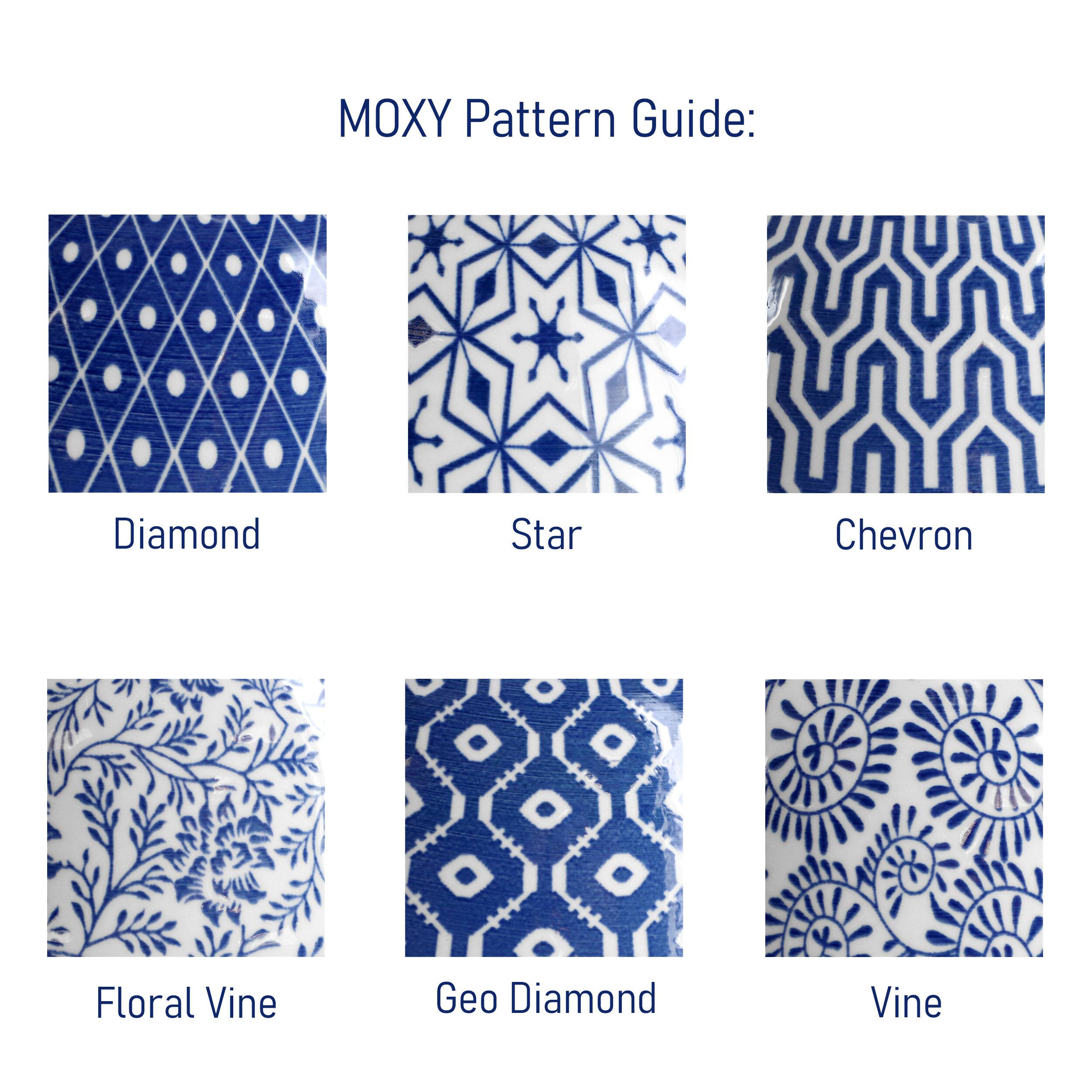 MOXY Pattern Guide:

- Diamond
- Star
- Chevron
- Floral Vine
- Geo Diamond
- Vine