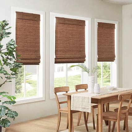 Front. BreeBe - Bamboo Light Filtering Roman Shade 64'L - Teak.