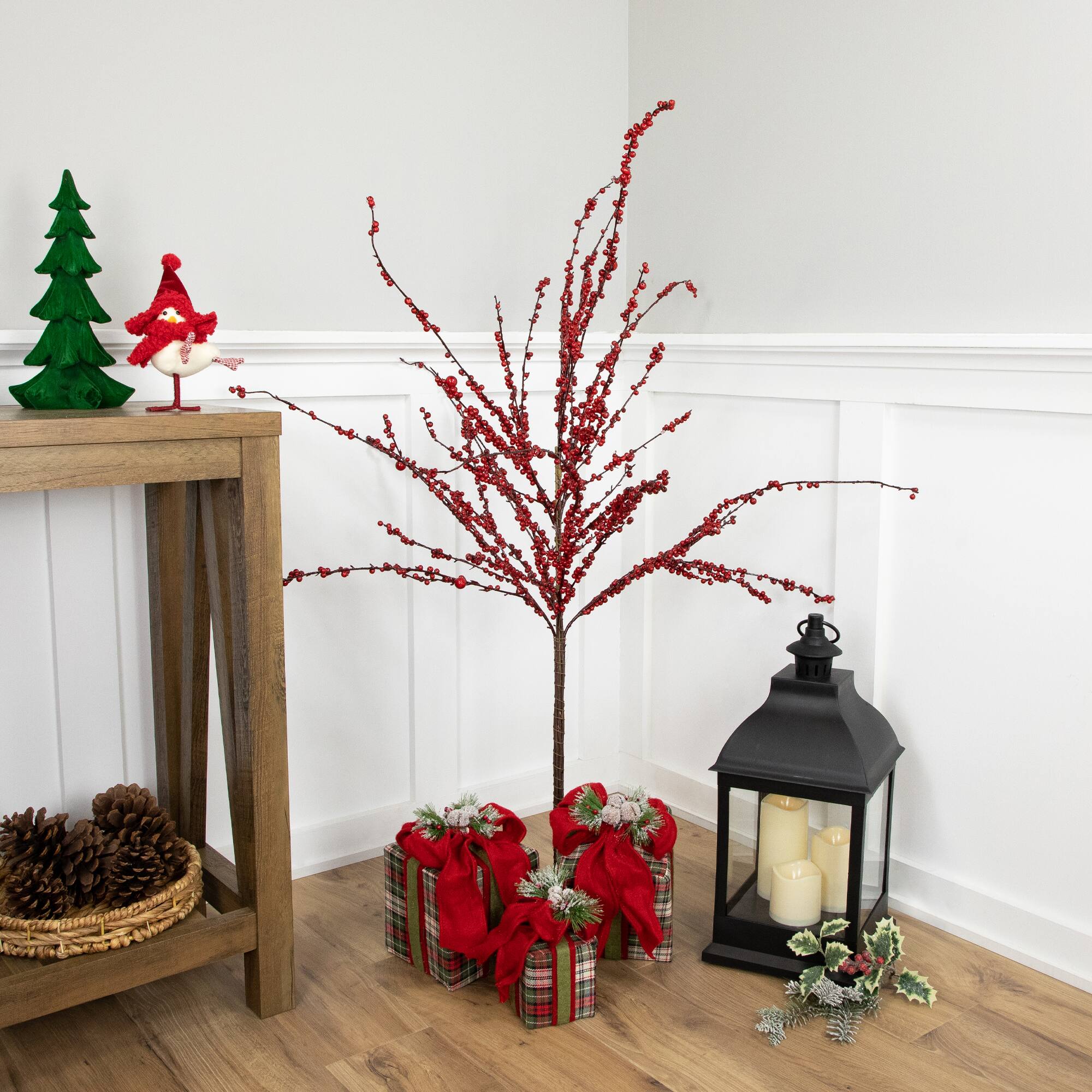 Alt View 2. Northlight - 50" Artificial Red Berry Christmas Twig Tree with Square Stand, Unlit - Red.