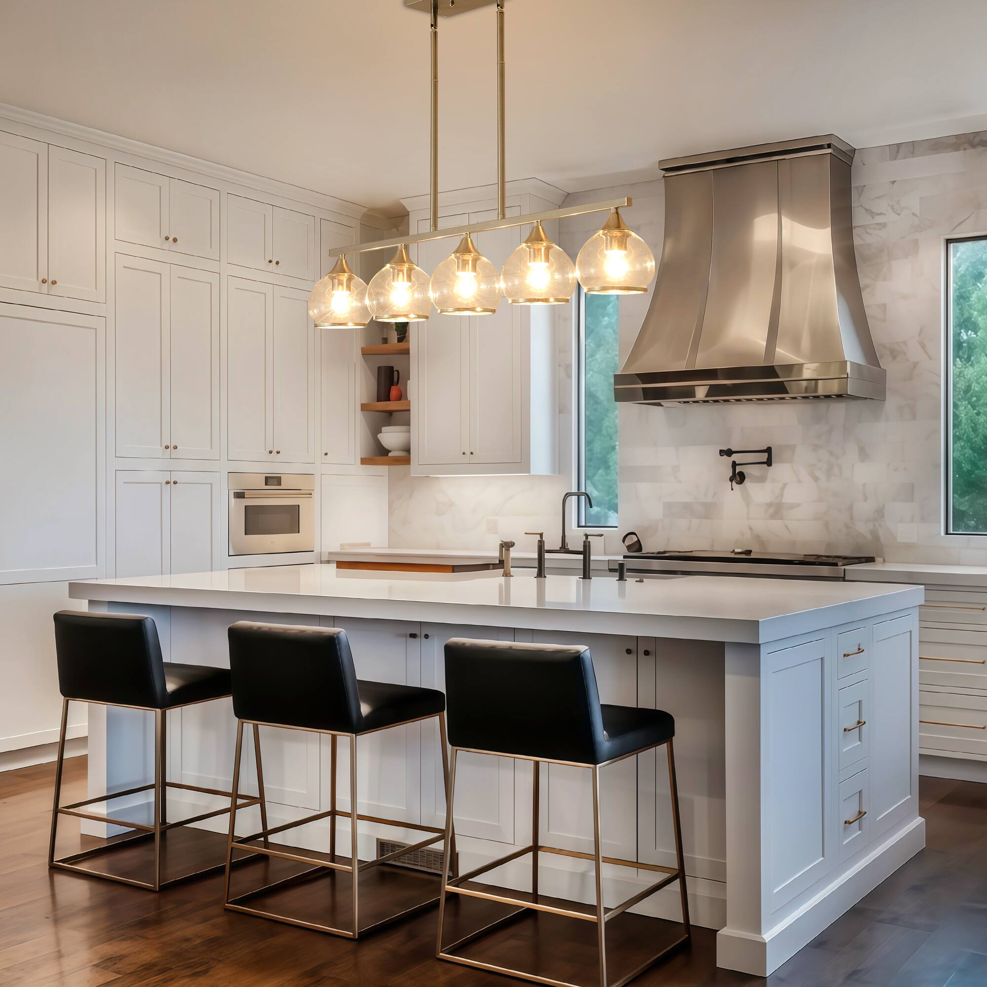 Angle. RYHNUYNE - 5-Light Island Light for Kitchen,Brushed Nickel Dining Room Light Fixture,Modern Linear Chandelier Over Table for Dining - Brushed Nickel.