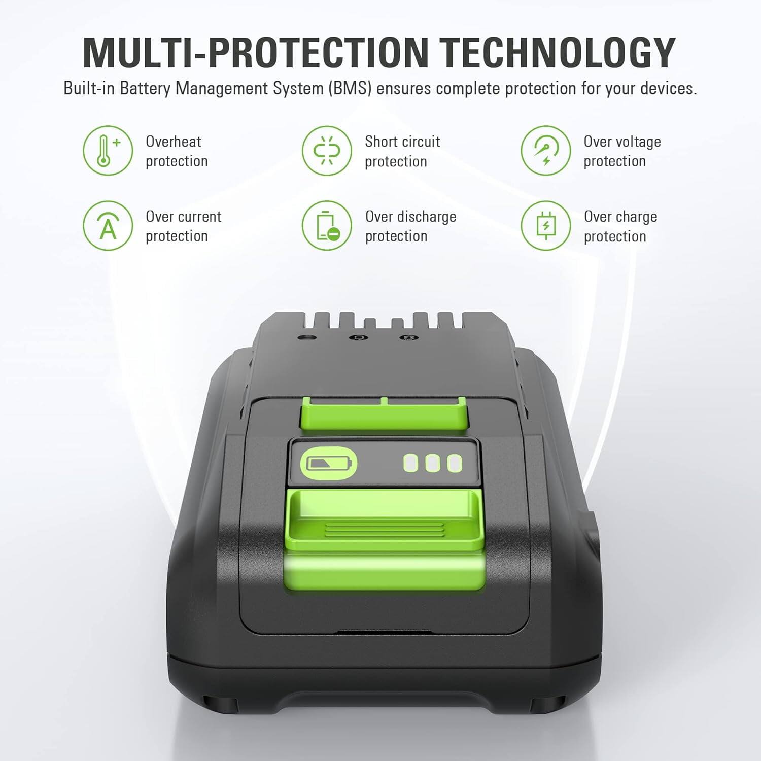 MULTI-PROTECTION TECHNOLOGY

Built-in Battery Management System (BMS) ensures complete protection for your devices.

- Overheat protection
- Short circuit protection
- Over voltage protection
- Over current protection
- Over discharge protection
- Over charge protection